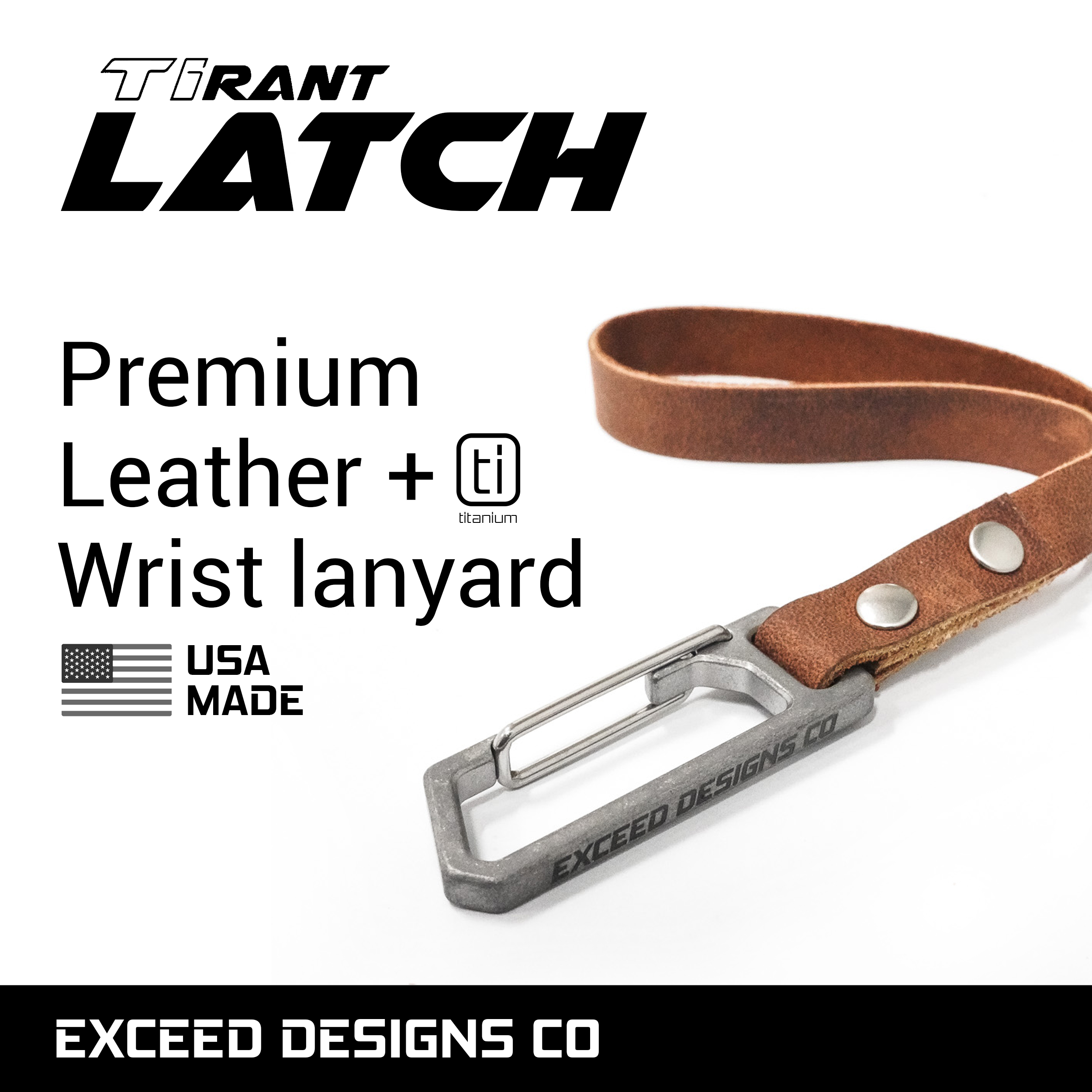 Russet-Brown TiRant® LATCH 6" Mini Leather Wrist Lanyard W/Titanium Carabiner For Keys & Accessories (Made In USA) - Image 2