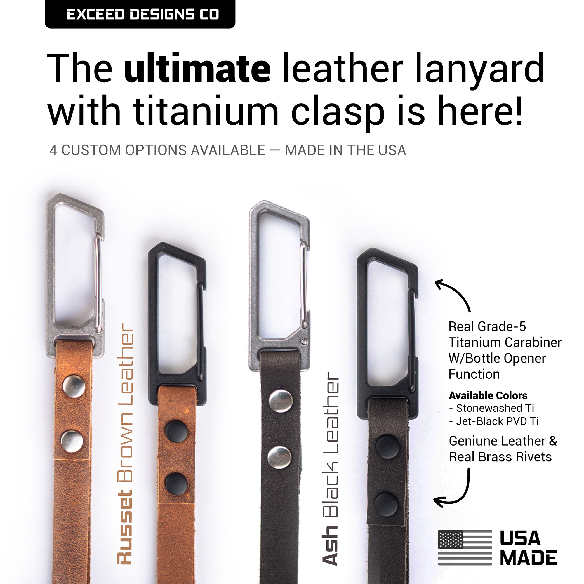 Russet-Brown TiRant® LATCH 6" Mini Leather Wrist Lanyard W/Titanium Carabiner For Keys & Accessories (Made In USA) - Image 3