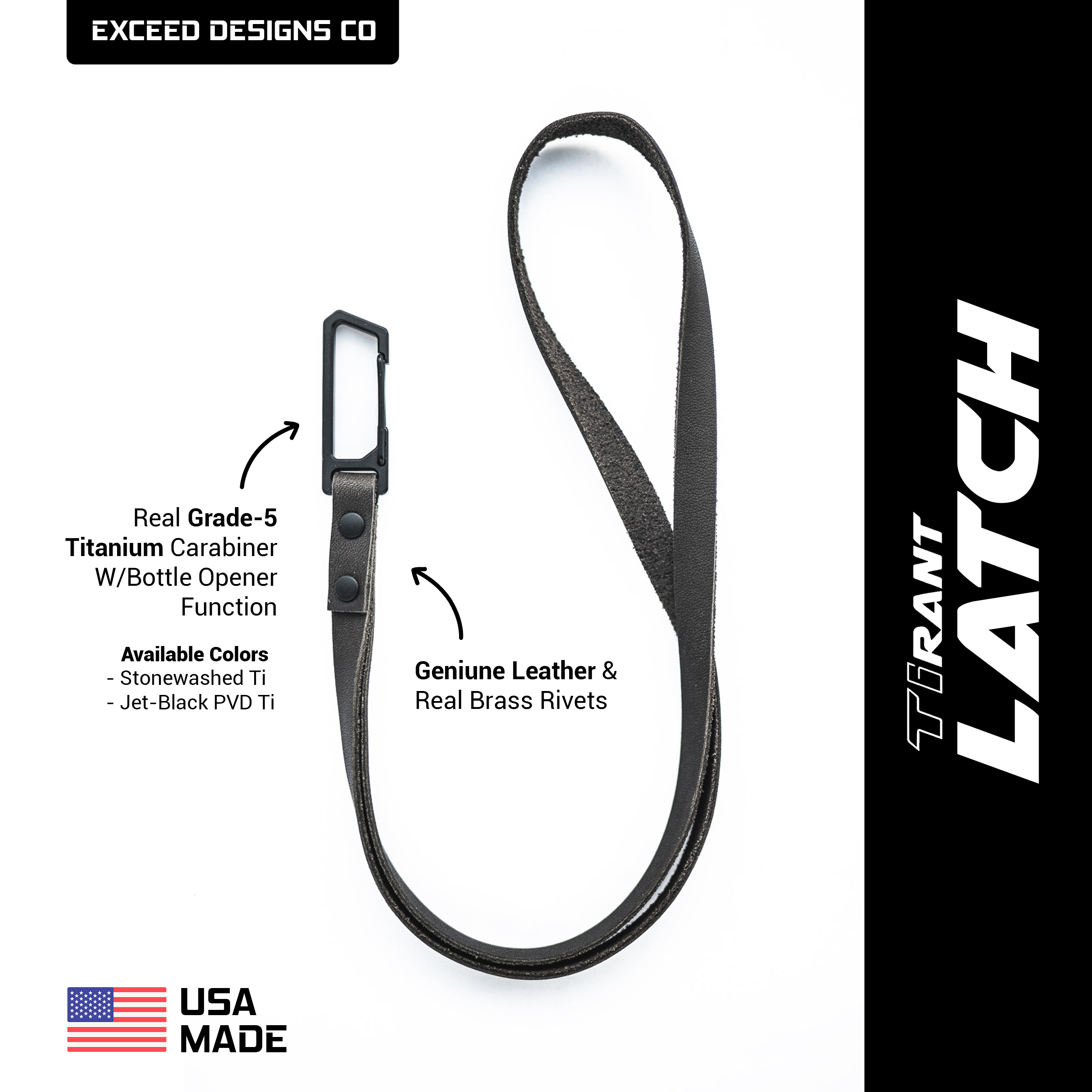 Ash-Black TiRant® LATCH 17" Leather Neck Lanyard W/Titanium Carabiner For Keys & Accessories (Made In USA) - Image 2