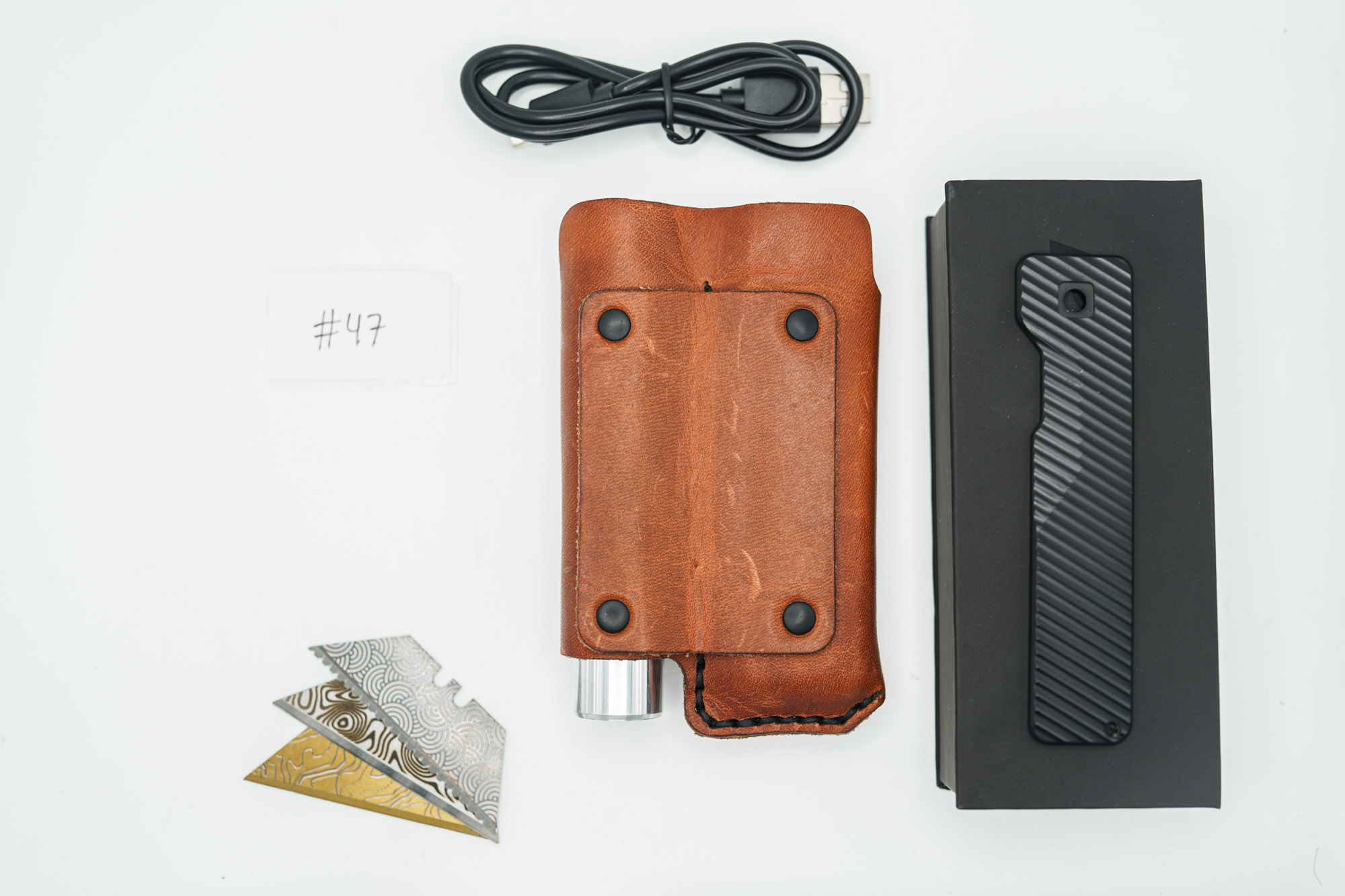 BUILD #47 Combo — Condition 9/10 — TiRant ULTRA Carbon Fiber USA-Milled Deep Slash RH Scale + Jet-Black PVD Deep Slash LH Scale + Original Deep Slash RH Ti Black PVD Scale + 4X Custom Laser Engraved Razor Blades + Rampant R4 519a Aluminum Flashlight In RAW Machined Finish + 9/10 Prototype Brown FieldPro Pocket Organizer W/Belt Loop - Image 11