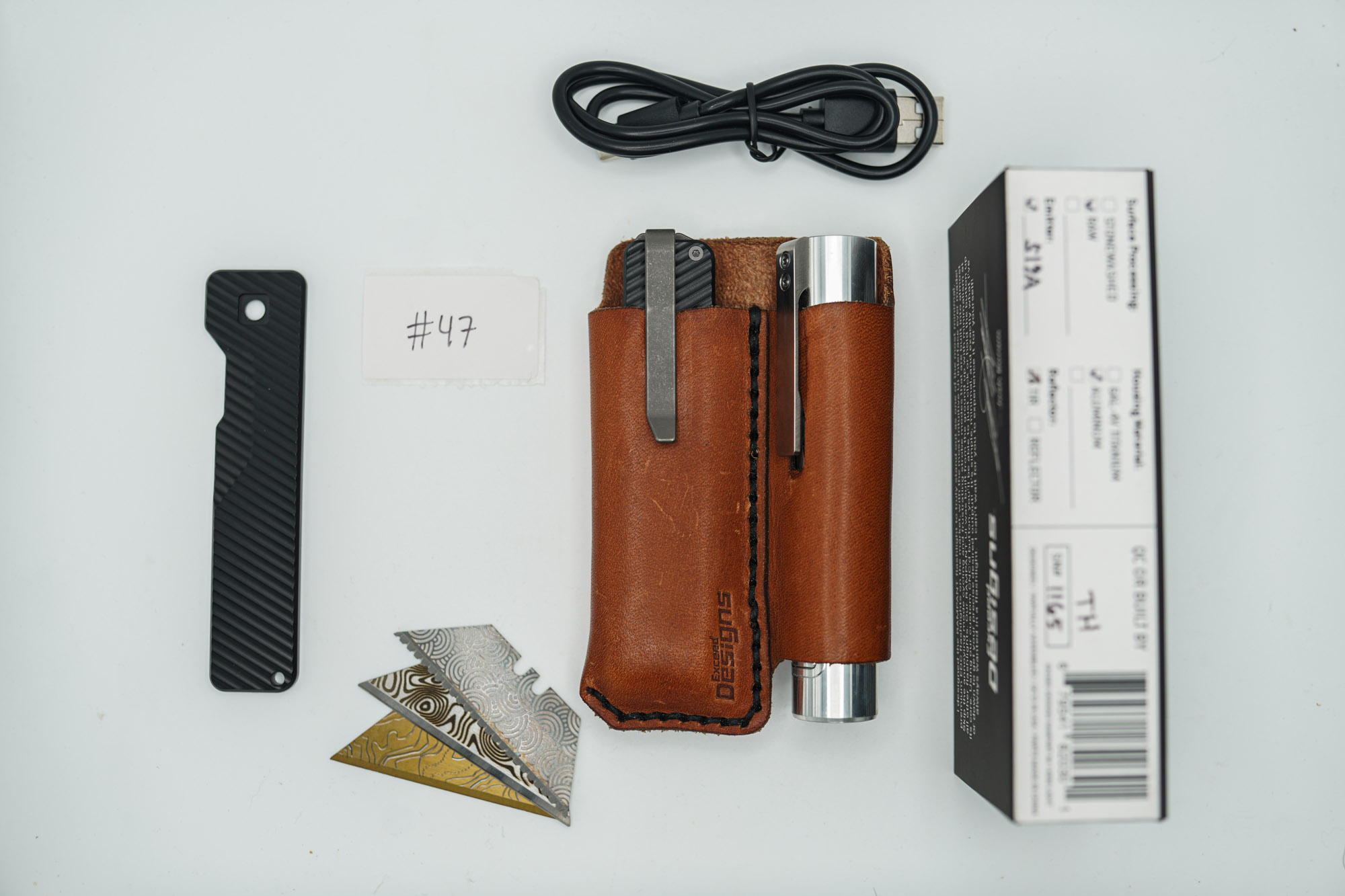 BUILD #47 Combo — Condition 9/10 — TiRant ULTRA Carbon Fiber USA-Milled Deep Slash RH Scale + Jet-Black PVD Deep Slash LH Scale + Original Deep Slash RH Ti Black PVD Scale + 4X Custom Laser Engraved Razor Blades + Rampant R4 519a Aluminum Flashlight In RAW Machined Finish + 9/10 Prototype Brown FieldPro Pocket Organizer W/Belt Loop - Image 14