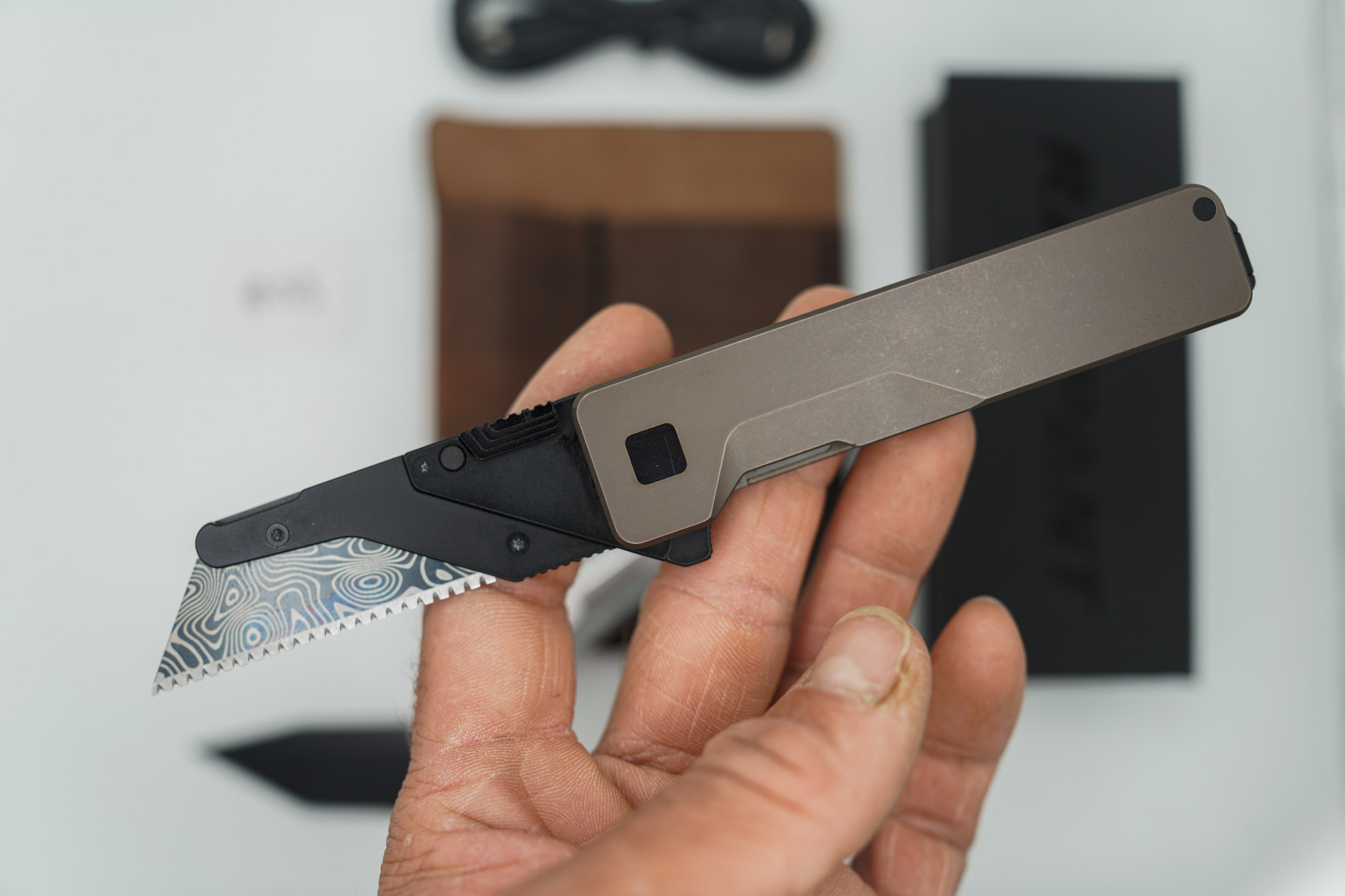 BUILD #53 Combo — Condition 9/10 — TiRant ULTRA Centurion Bronze Ano + Jet-Black D2 Tanto Blade + Jet-Black D2 Sheepsfoot Blade + Rampant R4 519a Aluminum Flashlight In RAW Machined Finish + 10/10 Prototype Dark Brown V1 FieldPro Pocket Organizer - Image 2