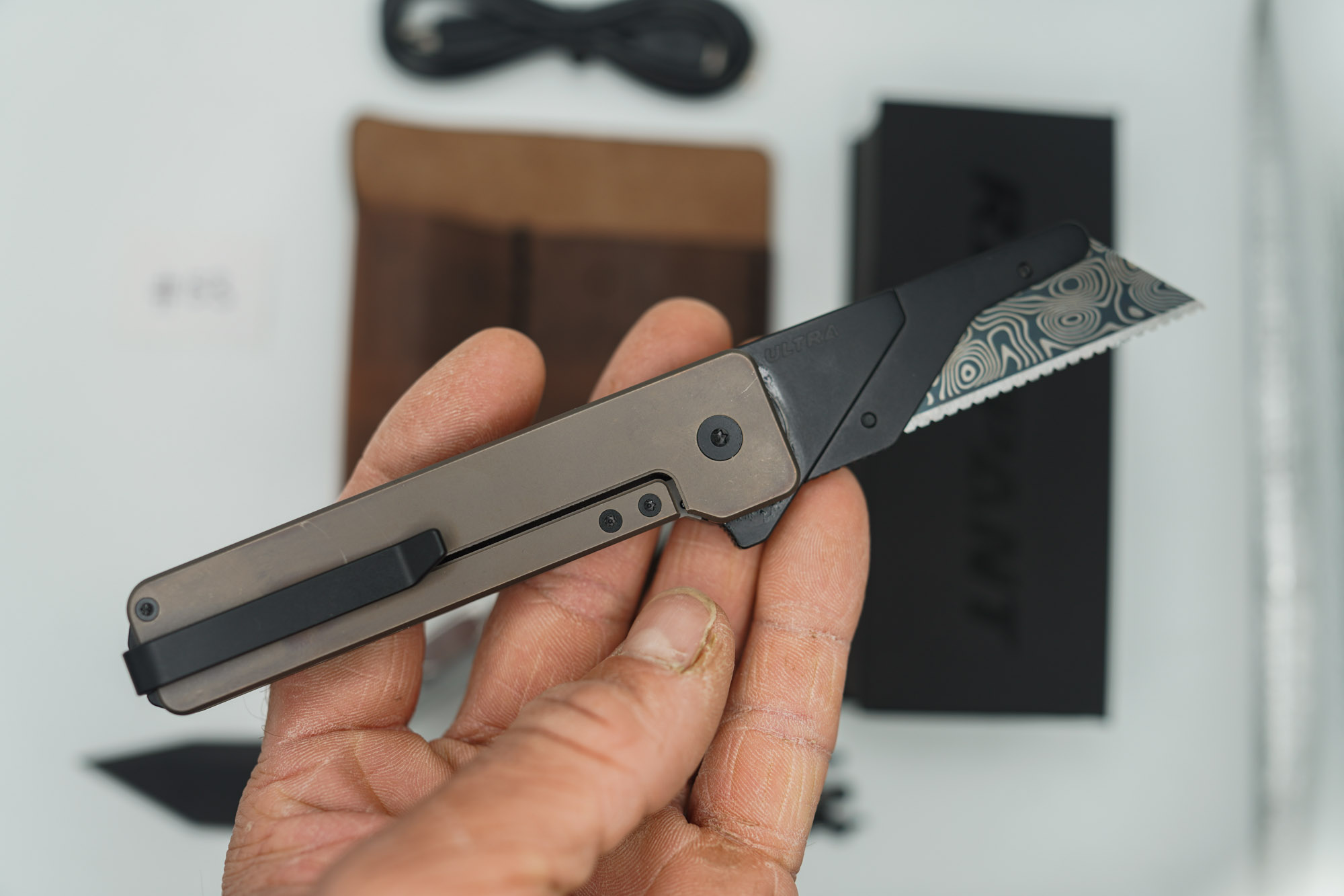 BUILD #53 Combo — Condition 9/10 — TiRant ULTRA Centurion Bronze Ano + Jet-Black D2 Tanto Blade + Jet-Black D2 Sheepsfoot Blade + Rampant R4 519a Aluminum Flashlight In RAW Machined Finish + 10/10 Prototype Dark Brown V1 FieldPro Pocket Organizer - Image 6