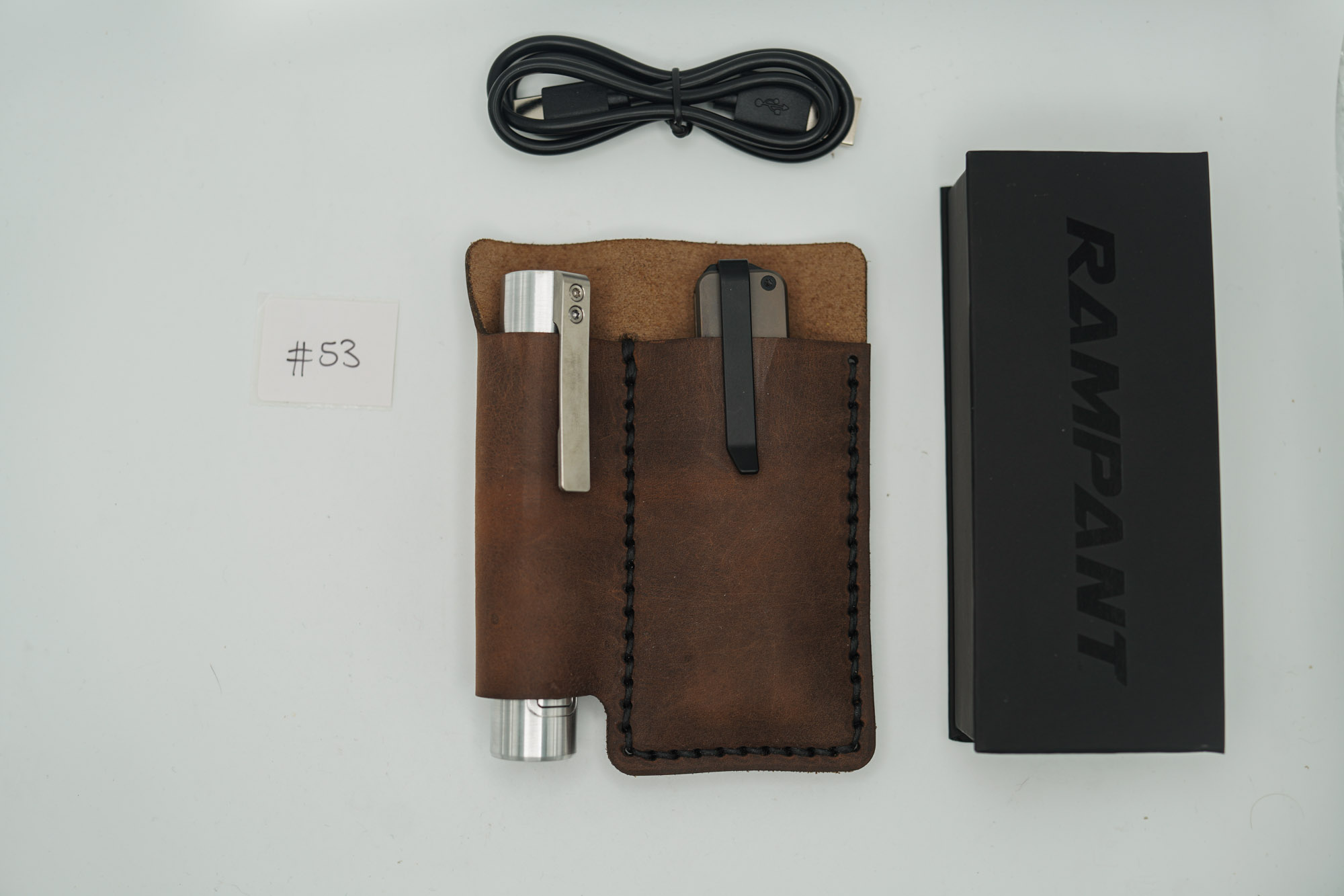 BUILD #53 Combo — Condition 9/10 — TiRant ULTRA Centurion Bronze Ano + Jet-Black D2 Tanto Blade + Jet-Black D2 Sheepsfoot Blade + Rampant R4 519a Aluminum Flashlight In RAW Machined Finish + 10/10 Prototype Dark Brown V1 FieldPro Pocket Organizer - Image 10