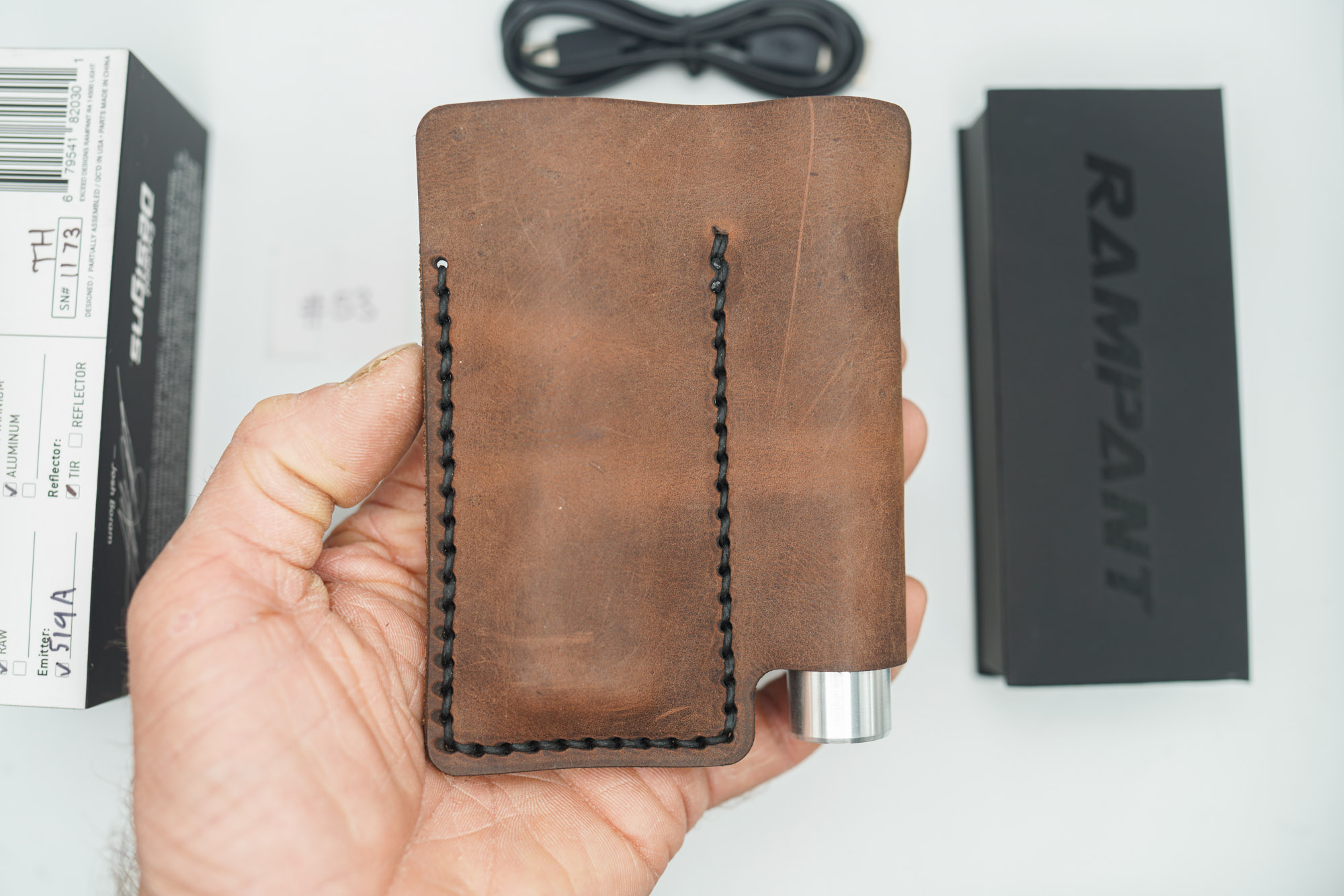 BUILD #53 Combo — Condition 9/10 — TiRant ULTRA Centurion Bronze Ano + Jet-Black D2 Tanto Blade + Jet-Black D2 Sheepsfoot Blade + Rampant R4 519a Aluminum Flashlight In RAW Machined Finish + 10/10 Prototype Dark Brown V1 FieldPro Pocket Organizer - Image 12