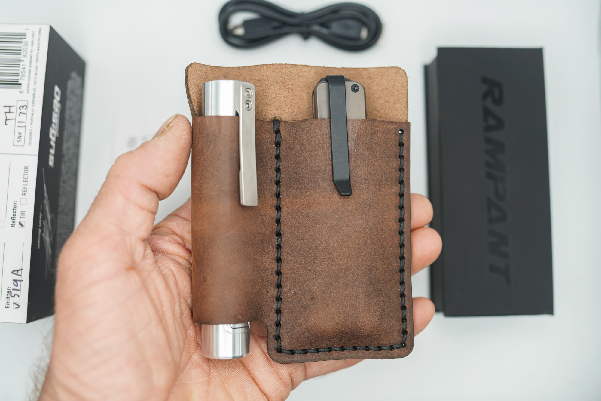BUILD #53 Combo — Condition 9/10 — TiRant ULTRA Centurion Bronze Ano + Jet-Black D2 Tanto Blade + Jet-Black D2 Sheepsfoot Blade + Rampant R4 519a Aluminum Flashlight In RAW Machined Finish + 10/10 Prototype Dark Brown V1 FieldPro Pocket Organizer - Image 13
