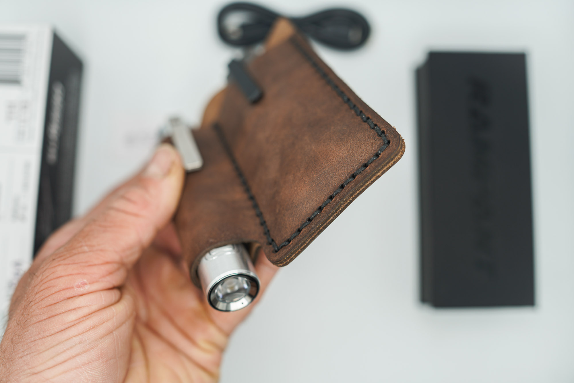 BUILD #53 Combo — Condition 9/10 — TiRant ULTRA Centurion Bronze Ano + Jet-Black D2 Tanto Blade + Jet-Black D2 Sheepsfoot Blade + Rampant R4 519a Aluminum Flashlight In RAW Machined Finish + 10/10 Prototype Dark Brown V1 FieldPro Pocket Organizer - Image 14