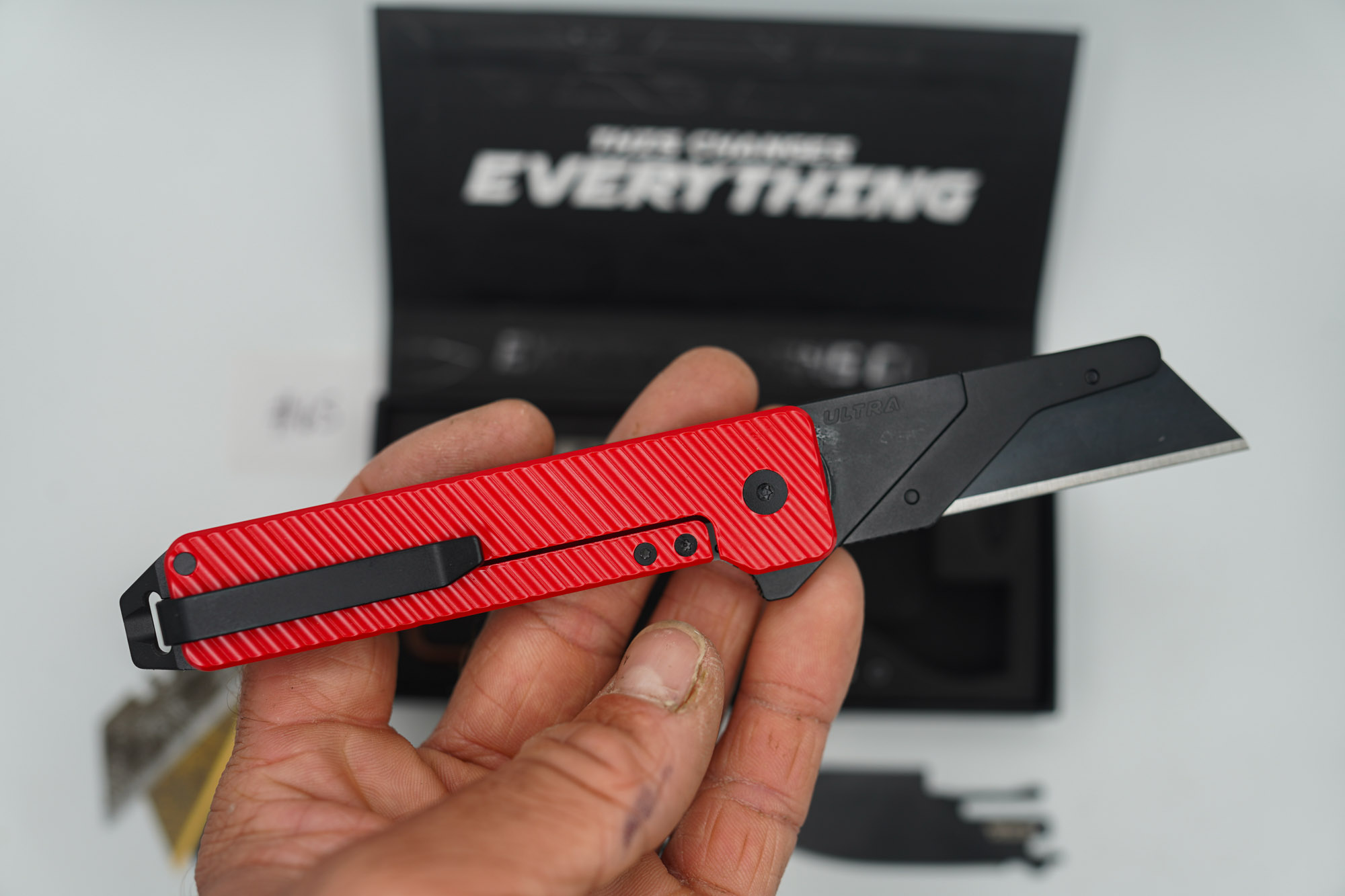 BUILD #65 — Condition 9/10 — TiRant ULTRA Dual Milled SLASH W/Custom Bright Red Cerakote + Installed Full-Length Skeleton Stonewash Pry Bar Backspacer + Original Box W/ Spare Jet-Black PVD Hardware Kit / Lock Bar insert + D2 Jet-Black Tanto Hotswap Blade + D2 Jet-Black Drop Point Hotswap Blade + 3X Custom Laser Engraved Razor Blades - Image 3