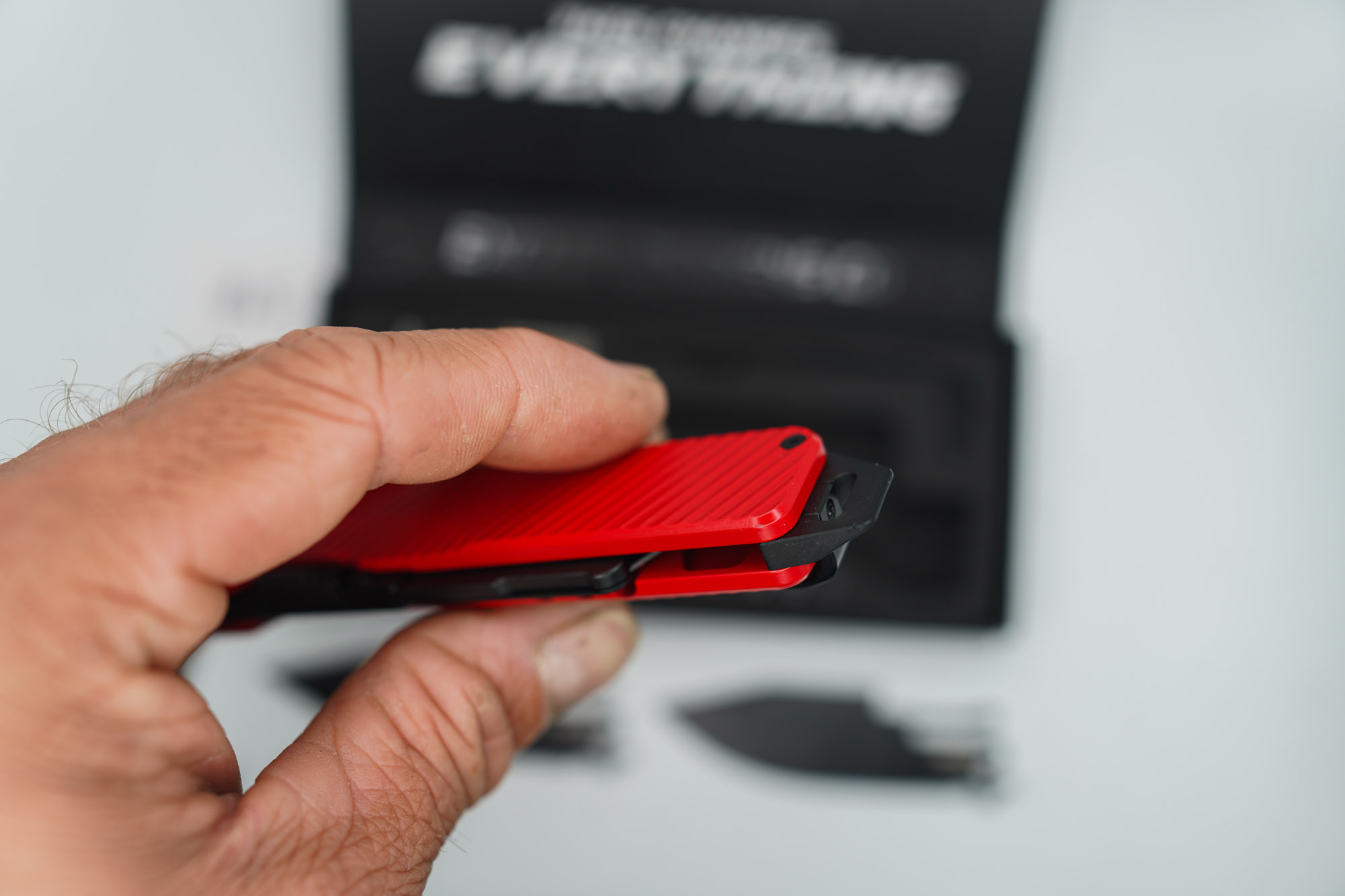 BUILD #65 — Condition 9/10 — TiRant ULTRA Dual Milled SLASH W/Custom Bright Red Cerakote + Installed Full-Length Skeleton Stonewash Pry Bar Backspacer + Original Box W/ Spare Jet-Black PVD Hardware Kit / Lock Bar insert + D2 Jet-Black Tanto Hotswap Blade + D2 Jet-Black Drop Point Hotswap Blade + 3X Custom Laser Engraved Razor Blades - Image 5