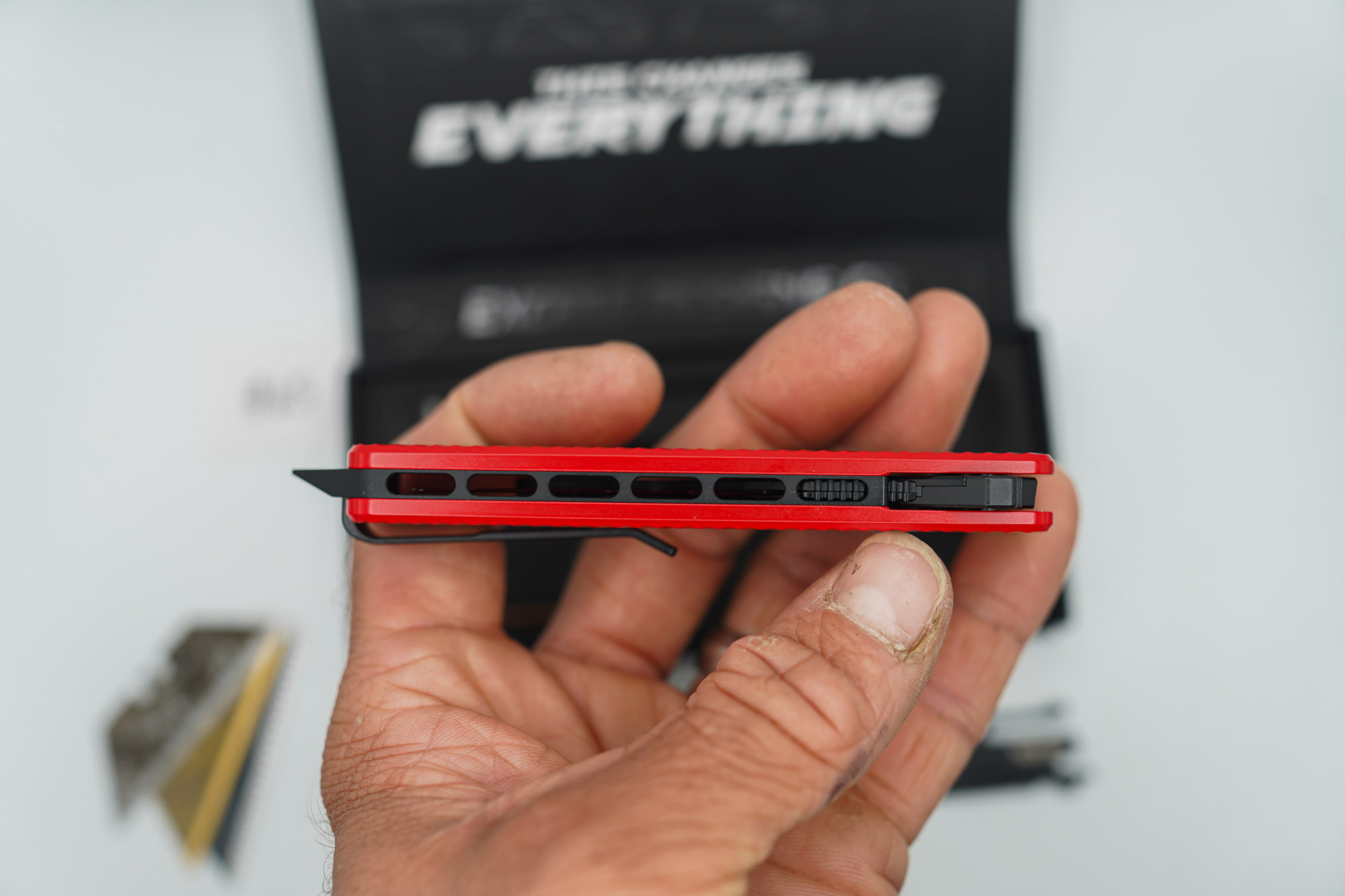 BUILD #65 — Condition 9/10 — TiRant ULTRA Dual Milled SLASH W/Custom Bright Red Cerakote + Installed Full-Length Skeleton Stonewash Pry Bar Backspacer + Original Box W/ Spare Jet-Black PVD Hardware Kit / Lock Bar insert + D2 Jet-Black Tanto Hotswap Blade + D2 Jet-Black Drop Point Hotswap Blade + 3X Custom Laser Engraved Razor Blades - Image 6