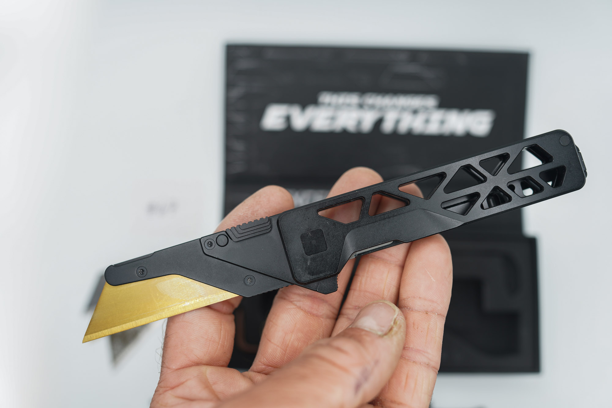 BUILD #67 — Condition 7/10 — TiRant ULTRA Skeleton 'SKULTRA' Jet-Black PVD + V2 Razor Blade Quick Release HotSwap Insert (Laser-etched Fitmet Area) + Original Box W/Spare Jet-Black PVD Hardware Kit / Lock Bar insert + D2 Jet-Black TOPO Lasered Tanto Hotswap Blade + 3X Custom Laser Engraved Razor Blades - Image 3