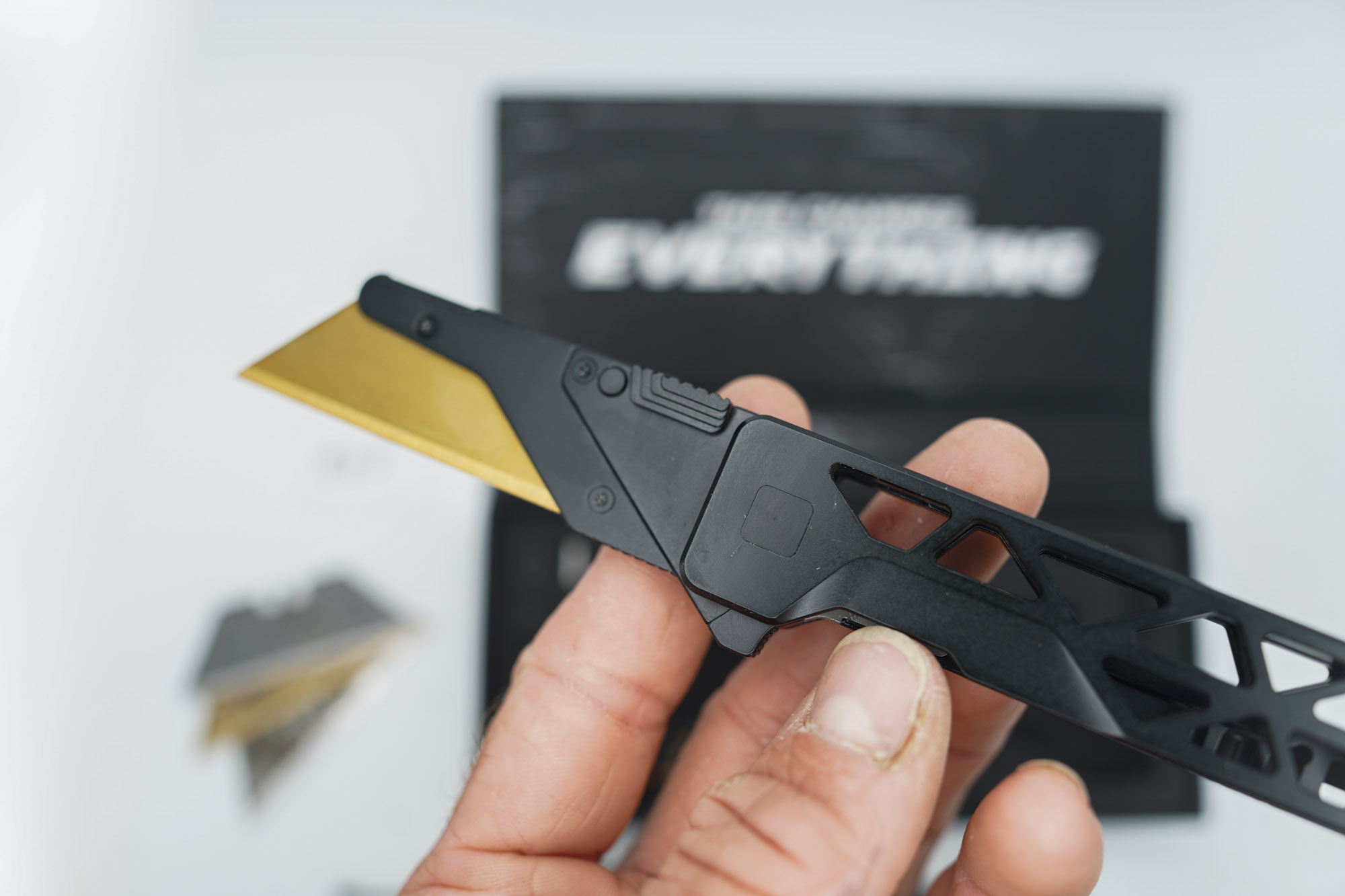BUILD #67 — Condition 7/10 — TiRant ULTRA Skeleton 'SKULTRA' Jet-Black PVD + V2 Razor Blade Quick Release HotSwap Insert (Laser-etched Fitmet Area) + Original Box W/Spare Jet-Black PVD Hardware Kit / Lock Bar insert + D2 Jet-Black TOPO Lasered Tanto Hotswap Blade + 3X Custom Laser Engraved Razor Blades - Image 2