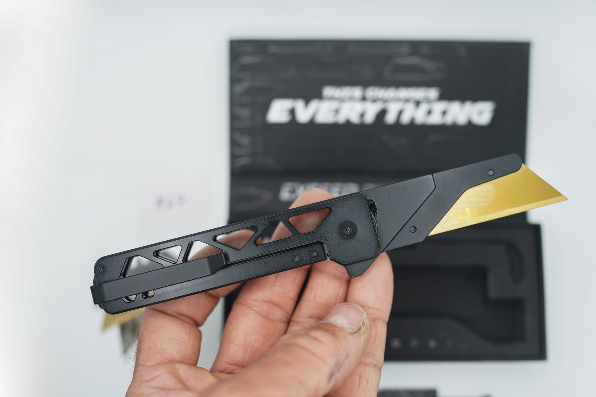 BUILD #67 — Condition 7/10 — TiRant ULTRA Skeleton 'SKULTRA' Jet-Black PVD + V2 Razor Blade Quick Release HotSwap Insert (Laser-etched Fitmet Area) + Original Box W/Spare Jet-Black PVD Hardware Kit / Lock Bar insert + D2 Jet-Black TOPO Lasered Tanto Hotswap Blade + 3X Custom Laser Engraved Razor Blades - Image 4