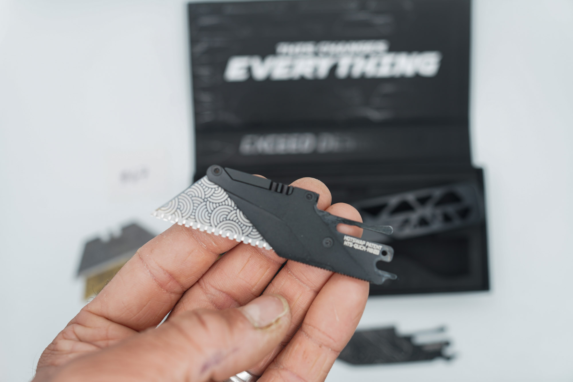 BUILD #67 — Condition 7/10 — TiRant ULTRA Skeleton 'SKULTRA' Jet-Black PVD + V2 Razor Blade Quick Release HotSwap Insert (Laser-etched Fitmet Area) + Original Box W/Spare Jet-Black PVD Hardware Kit / Lock Bar insert + D2 Jet-Black TOPO Lasered Tanto Hotswap Blade + 3X Custom Laser Engraved Razor Blades - Image 5