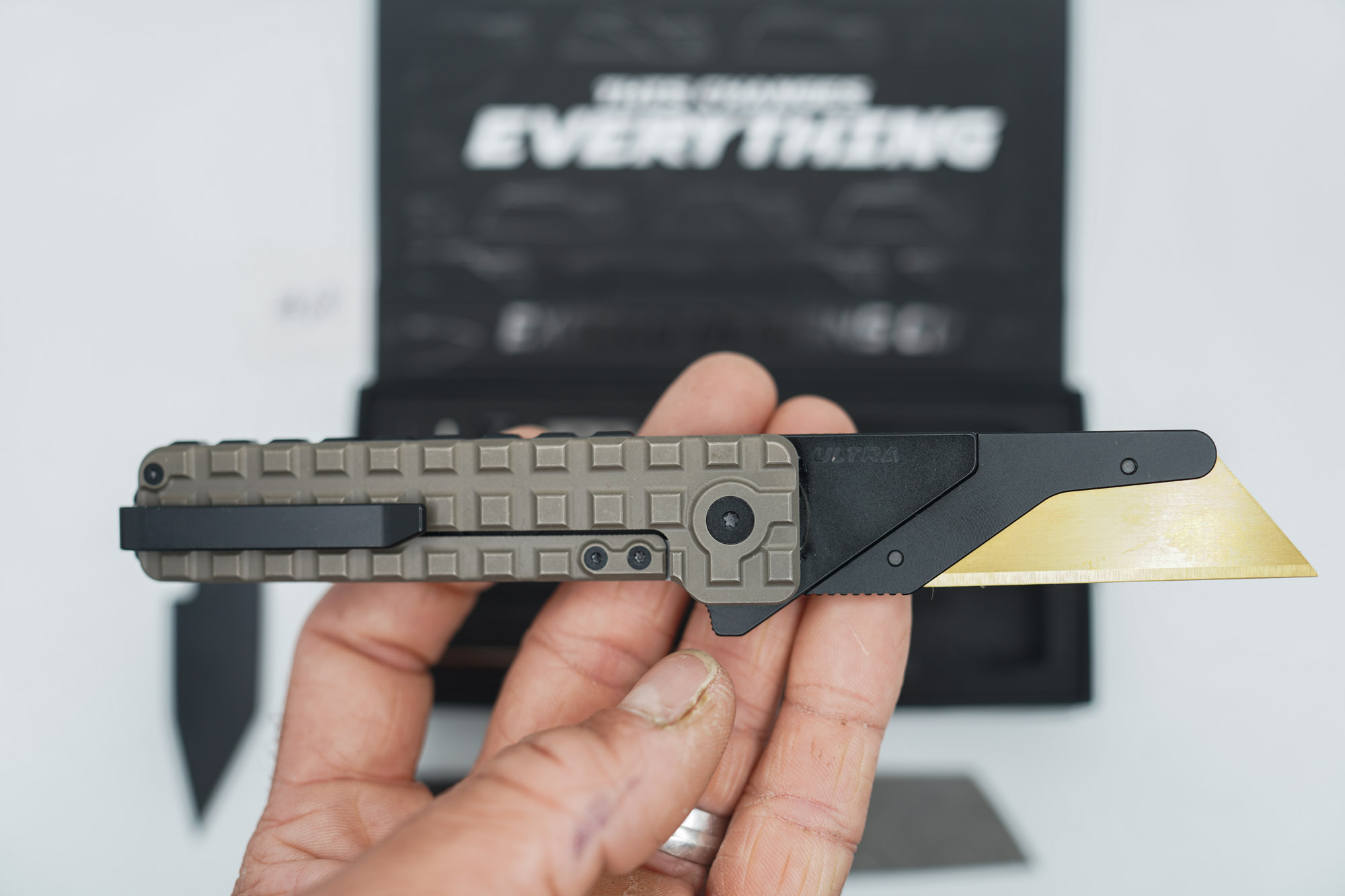 BUILD #68 — Condition 9/10 — TiRant ULTRA FULL FRAG Edition (Centurion Bronze ANO) W/Frag Milled Backspacer Pre-Installed + Original Box W/Spare Jet-Black PVD Hardware Kit / Lock Bar insert + D2 Jet-Black Tanto Hotswap Blade + Blem Topo-engraved Jet-Black D2 Drop Point Blade + Blem Sheepsfoot Topo Laser Engraved D2 blade - Image 3