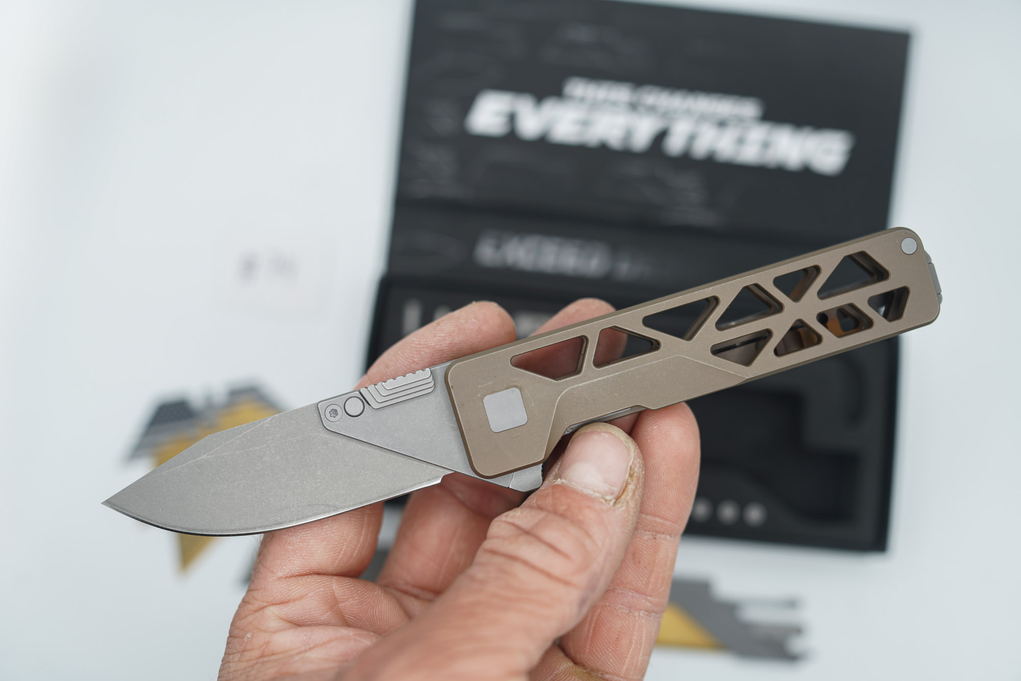 BUILD #74 — Condition 8/10 — TiRant ULTRA Skeleton 'SKULTRA' Centurion Bronze W/Blasted Grey Hardware + Original Box W/Spare Grey Blasted Hardware Kit / Lock Bar insert + D2 Hawkbill Hotswap Blade + D2 Stonewashed Drop Point Hotswap Blade + 3X Custom Laser Engraved Razor Blades - Image 2