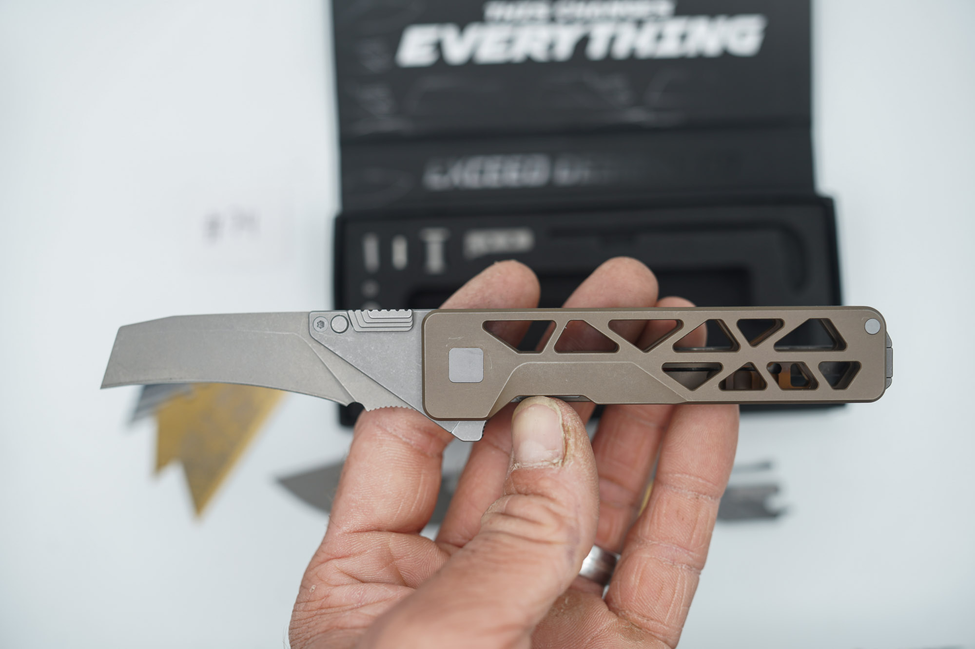 BUILD #74 — Condition 8/10 — TiRant ULTRA Skeleton 'SKULTRA' Centurion Bronze W/Blasted Grey Hardware + Original Box W/Spare Grey Blasted Hardware Kit / Lock Bar insert + D2 Hawkbill Hotswap Blade + D2 Stonewashed Drop Point Hotswap Blade + 3X Custom Laser Engraved Razor Blades - Image 4