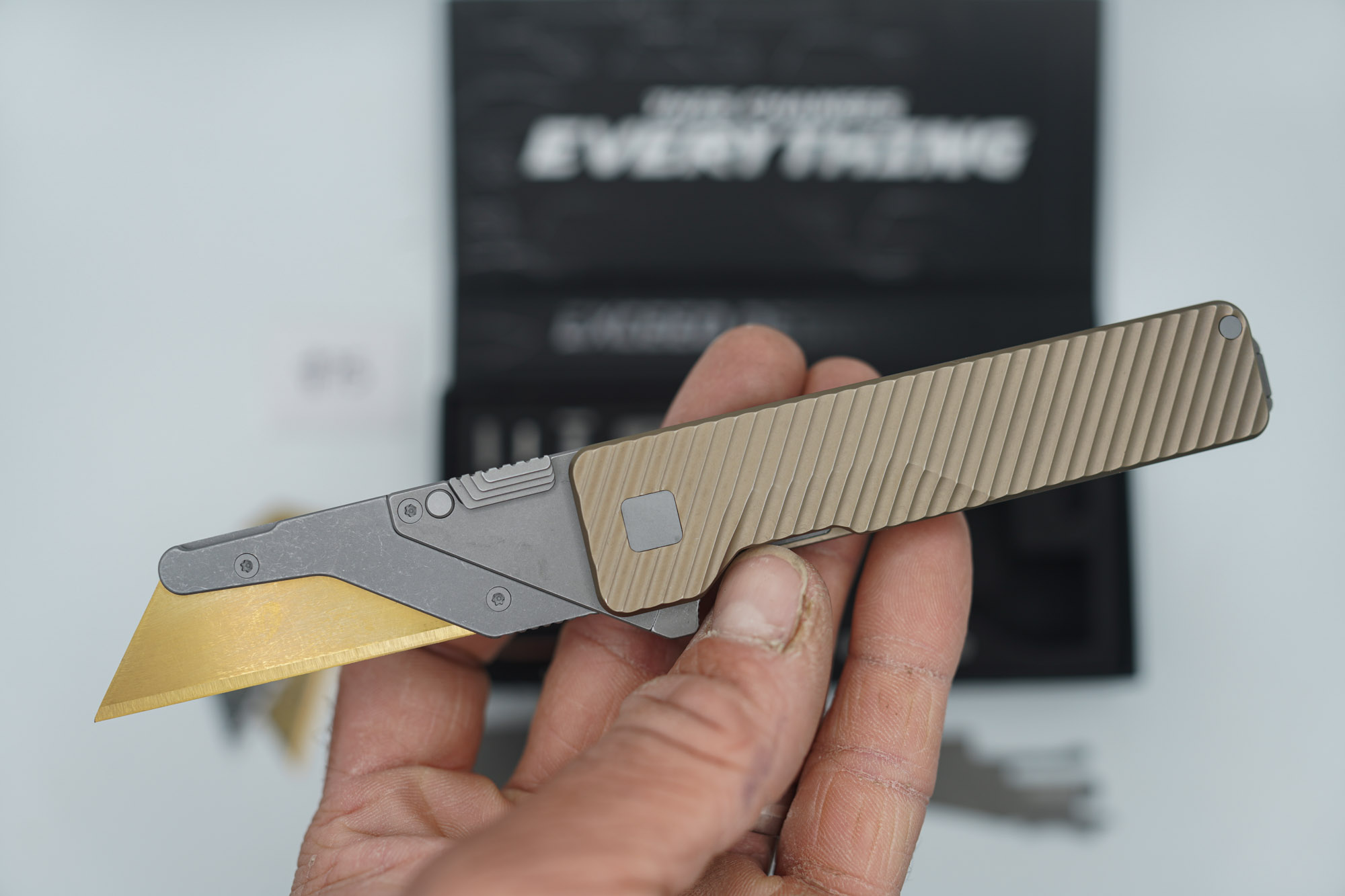 BUILD #75 — Condition 9/10 — TiRant ULTRA Deep-Slash DUAL Milled Centurion Light-Bronze - Minor Blem in ANO finish (See Photos) W/Blasted Grey Hardware + Original Box W/Spare Grey Blasted Hardware Kit / Lock Bar insert + D2 Stonewashed Hawkbill Hotswap Blade + D2 Stonewashed Drop Point Hotswap Blade + 3X Custom Laser Engraved Razor Blades - Image 2