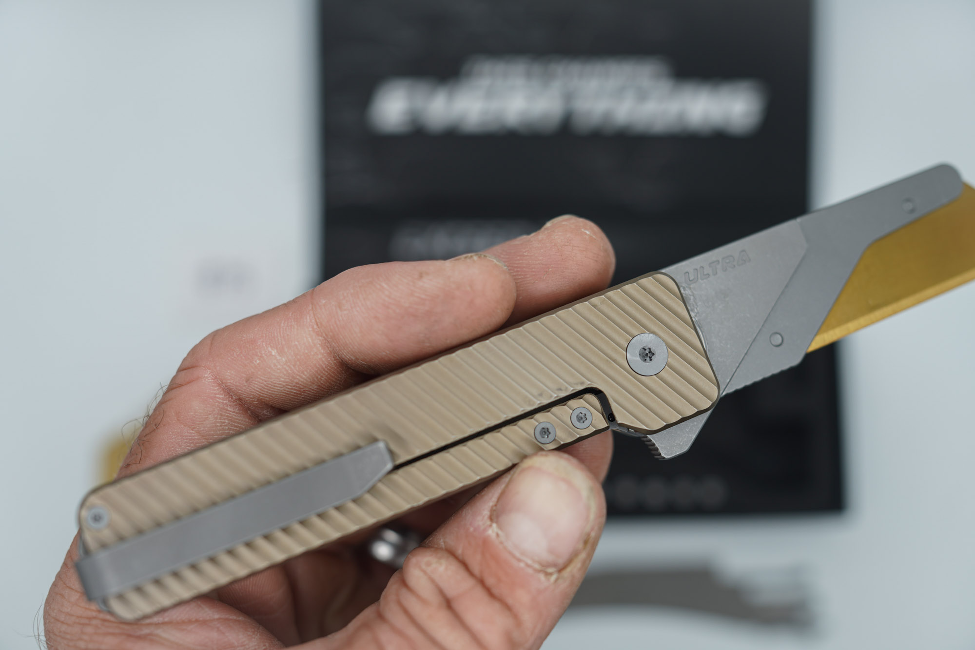 BUILD #75 — Condition 9/10 — TiRant ULTRA Deep-Slash DUAL Milled Centurion Light-Bronze - Minor Blem in ANO finish (See Photos) W/Blasted Grey Hardware + Original Box W/Spare Grey Blasted Hardware Kit / Lock Bar insert + D2 Stonewashed Hawkbill Hotswap Blade + D2 Stonewashed Drop Point Hotswap Blade + 3X Custom Laser Engraved Razor Blades - Image 5