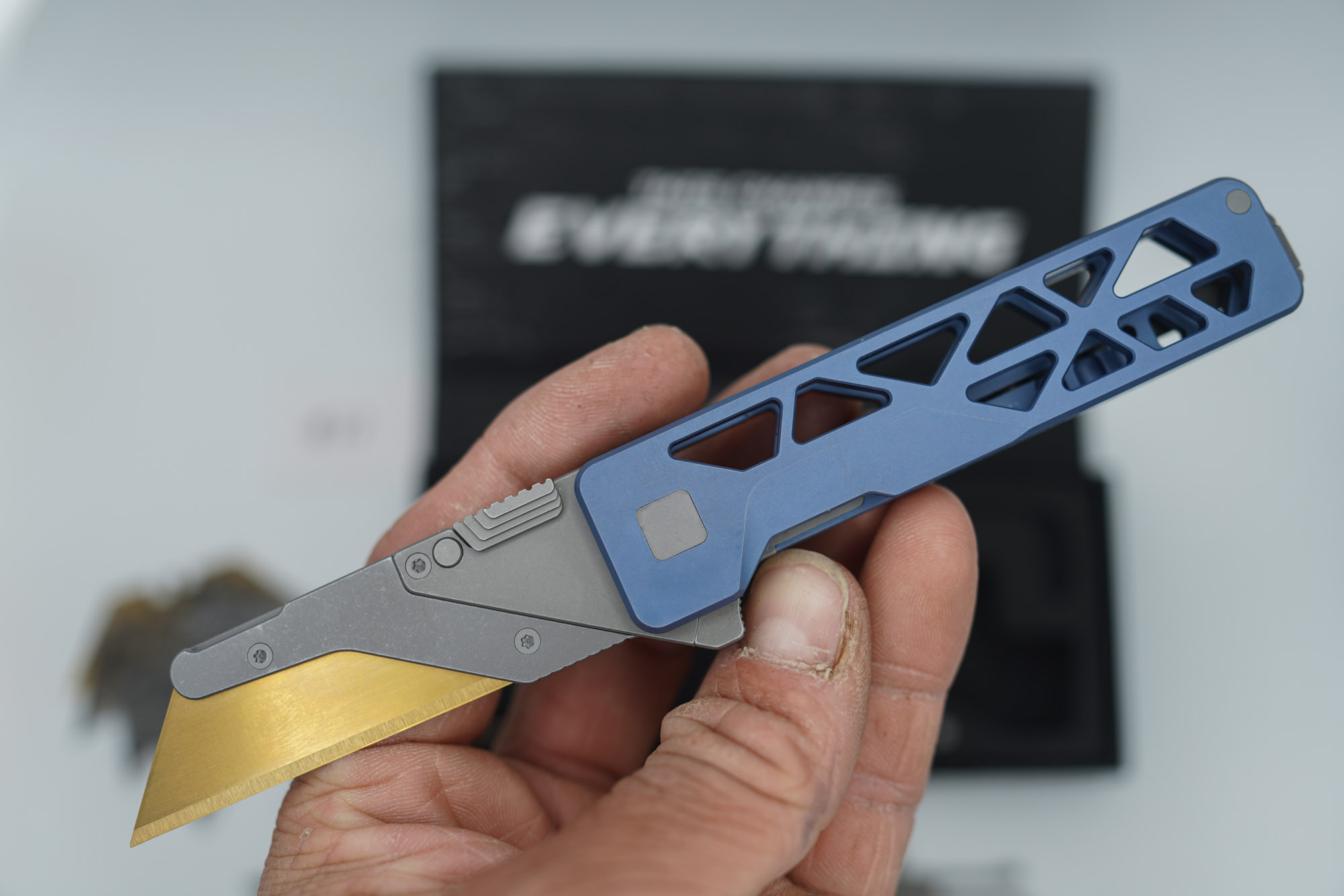 BUILD #77 — Condition 9/10 — TiRant ULTRA Skeleton 'SKULTRA' Custom Aqua-BLUE Titanium ANO W/Blasted Grey Hardware + Original Box W/Spare Grey Blasted Hardware Kit / Lock Bar insert + D2 Stonewashed Hawkbill Hotswap Blade + D2 Stonewashed Drop Point Hotswap Blade + 4X Custom Laser Engraved Razor Blades - Image 3