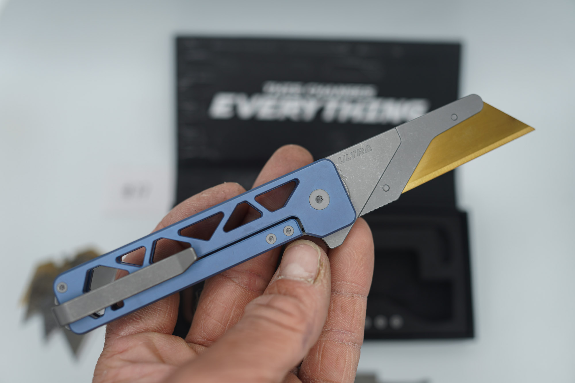 BUILD #77 — Condition 9/10 — TiRant ULTRA Skeleton 'SKULTRA' Custom Aqua-BLUE Titanium ANO W/Blasted Grey Hardware + Original Box W/Spare Grey Blasted Hardware Kit / Lock Bar insert + D2 Stonewashed Hawkbill Hotswap Blade + D2 Stonewashed Drop Point Hotswap Blade + 4X Custom Laser Engraved Razor Blades - Image 4