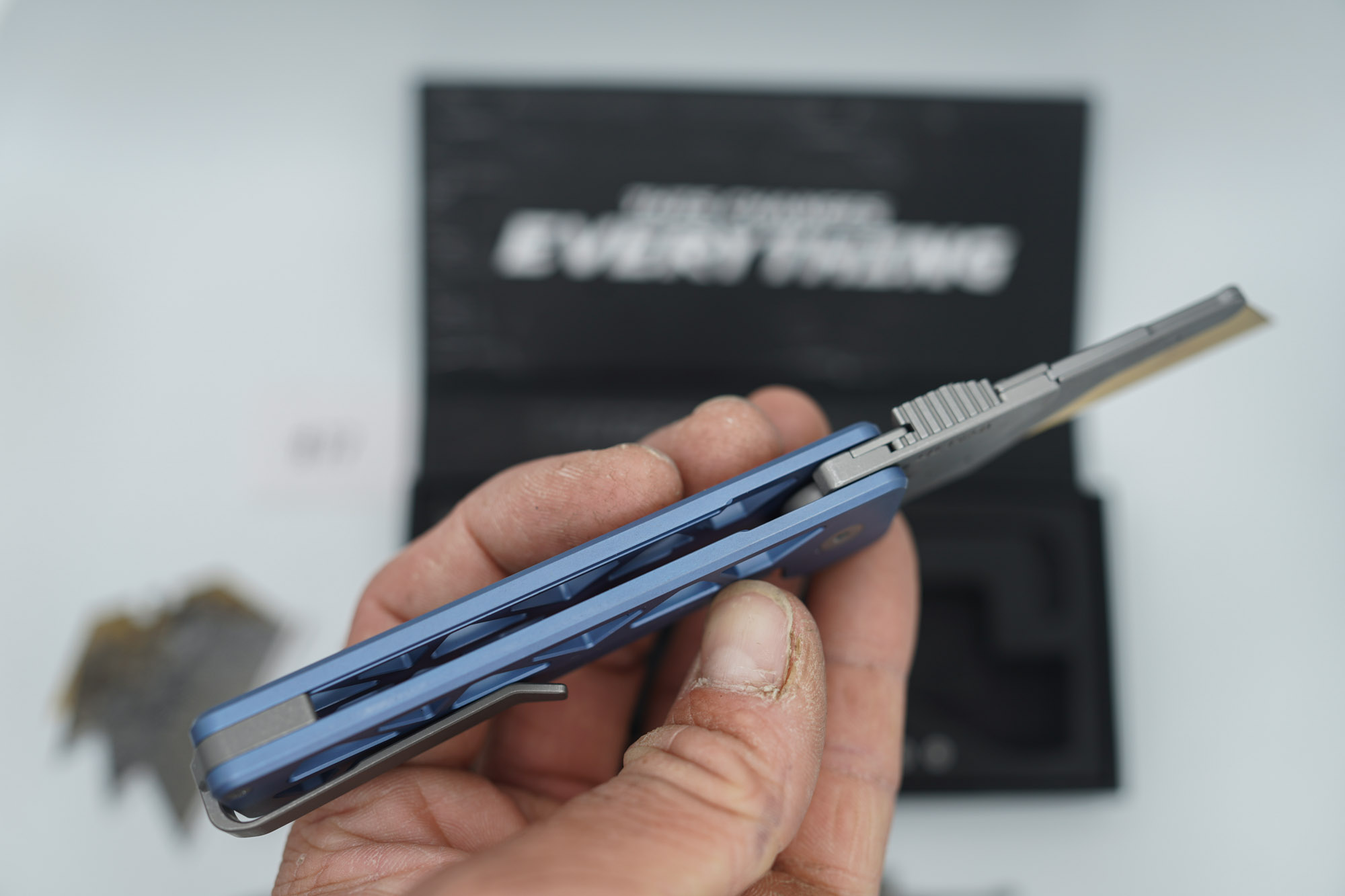 BUILD #77 — Condition 9/10 — TiRant ULTRA Skeleton 'SKULTRA' Custom Aqua-BLUE Titanium ANO W/Blasted Grey Hardware + Original Box W/Spare Grey Blasted Hardware Kit / Lock Bar insert + D2 Stonewashed Hawkbill Hotswap Blade + D2 Stonewashed Drop Point Hotswap Blade + 4X Custom Laser Engraved Razor Blades - Image 5