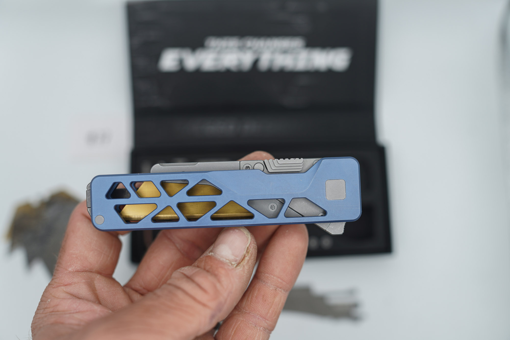 BUILD #77 — Condition 9/10 — TiRant ULTRA Skeleton 'SKULTRA' Custom Aqua-BLUE Titanium ANO W/Blasted Grey Hardware + Original Box W/Spare Grey Blasted Hardware Kit / Lock Bar insert + D2 Stonewashed Hawkbill Hotswap Blade + D2 Stonewashed Drop Point Hotswap Blade + 4X Custom Laser Engraved Razor Blades - Image 6