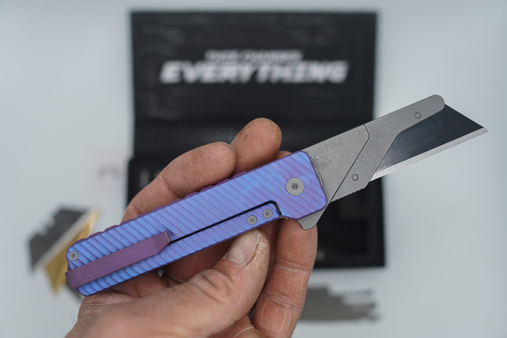 BUILD #86 — Condition 9/10 — TiRant ULTRA Dual Deep Slash MILLED + Purple & Blue ANO W/Blasted Grey Hardware + Original Box W/Spare Grey Blasted Hardware Kit / Lock Bar insert + FULL-FRAG Custom Purple-Haze ANO Ti Backspacer + D2 Jet-Black Tanto Hotswap Blade + D2 Stonewashed Drop Point Hotswap Blade + 3X Custom Laser Engraved Razor Blades - Image 3
