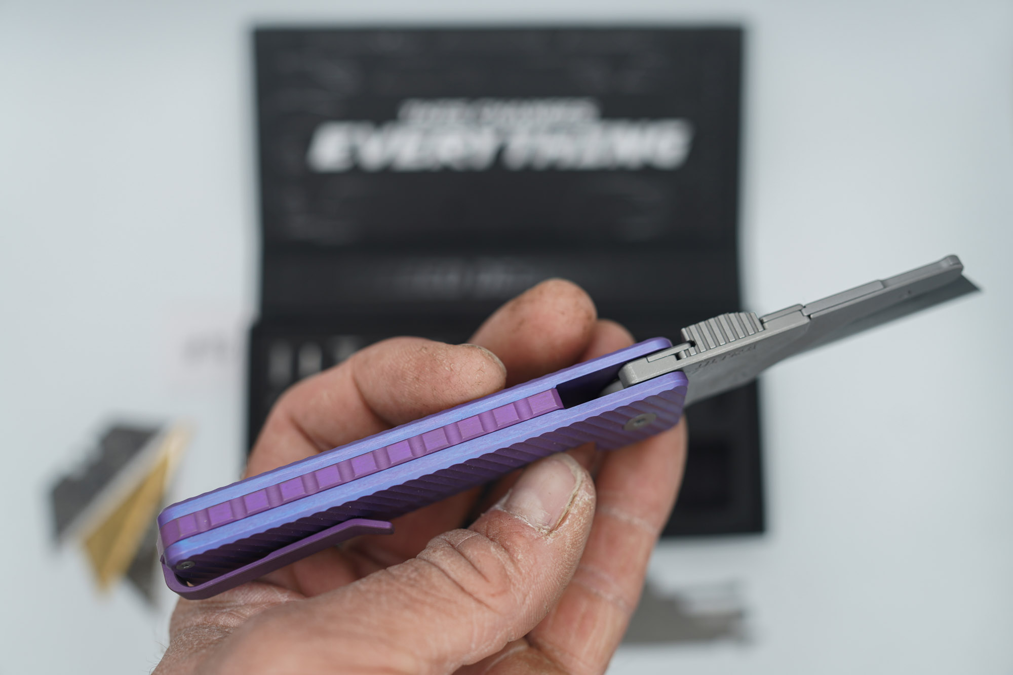 BUILD #86 — Condition 9/10 — TiRant ULTRA Dual Deep Slash MILLED + Purple & Blue ANO W/Blasted Grey Hardware + Original Box W/Spare Grey Blasted Hardware Kit / Lock Bar insert + FULL-FRAG Custom Purple-Haze ANO Ti Backspacer + D2 Jet-Black Tanto Hotswap Blade + D2 Stonewashed Drop Point Hotswap Blade + 3X Custom Laser Engraved Razor Blades - Image 4