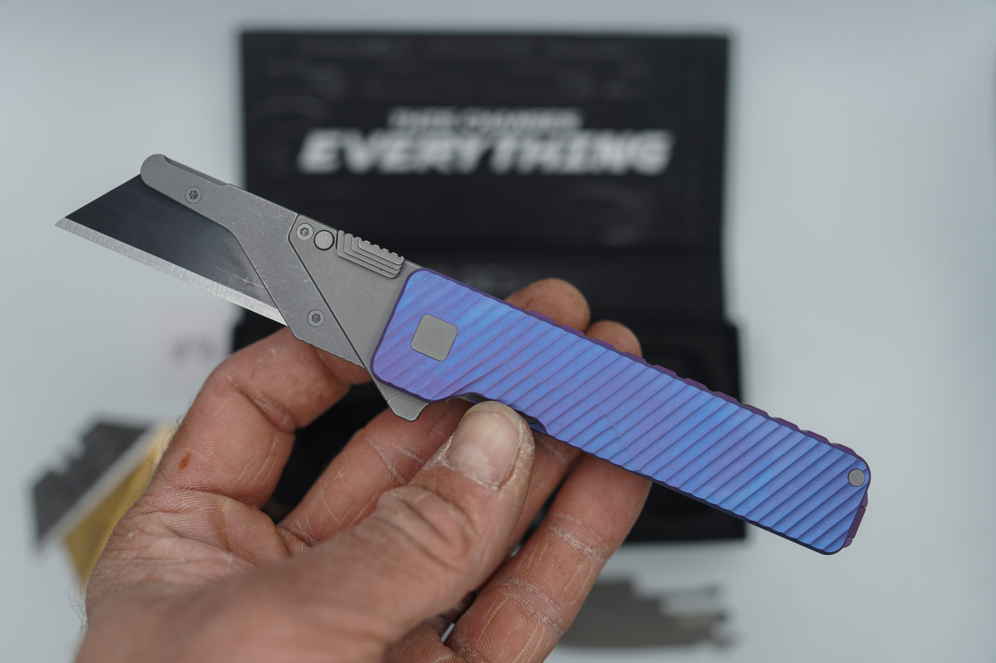 BUILD #86 — Condition 9/10 — TiRant ULTRA Dual Deep Slash MILLED + Purple & Blue ANO W/Blasted Grey Hardware + Original Box W/Spare Grey Blasted Hardware Kit / Lock Bar insert + FULL-FRAG Custom Purple-Haze ANO Ti Backspacer + D2 Jet-Black Tanto Hotswap Blade + D2 Stonewashed Drop Point Hotswap Blade + 3X Custom Laser Engraved Razor Blades - Image 2