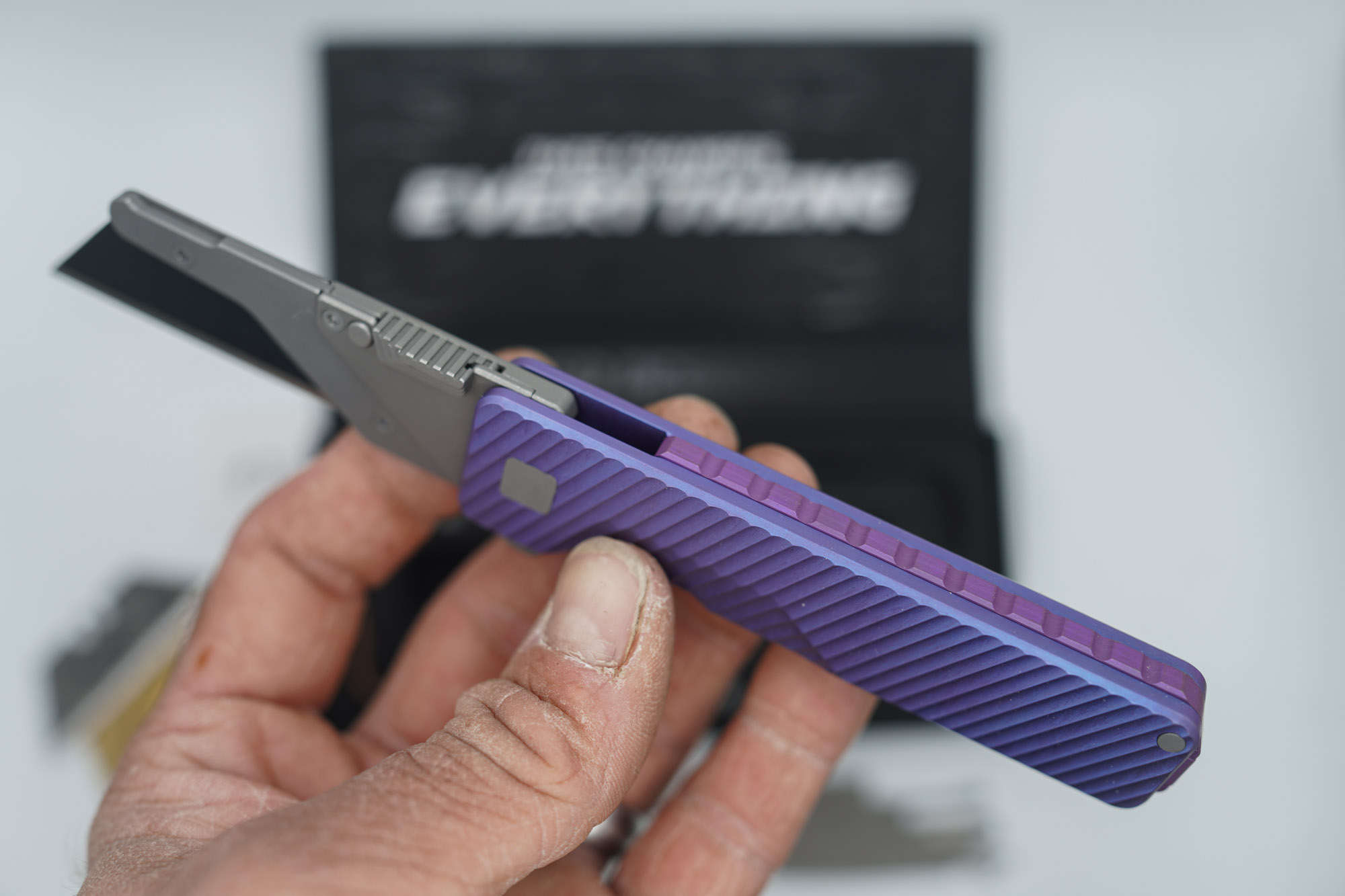 BUILD #86 — Condition 9/10 — TiRant ULTRA Dual Deep Slash MILLED + Purple & Blue ANO W/Blasted Grey Hardware + Original Box W/Spare Grey Blasted Hardware Kit / Lock Bar insert + FULL-FRAG Custom Purple-Haze ANO Ti Backspacer + D2 Jet-Black Tanto Hotswap Blade + D2 Stonewashed Drop Point Hotswap Blade + 3X Custom Laser Engraved Razor Blades - Image 5
