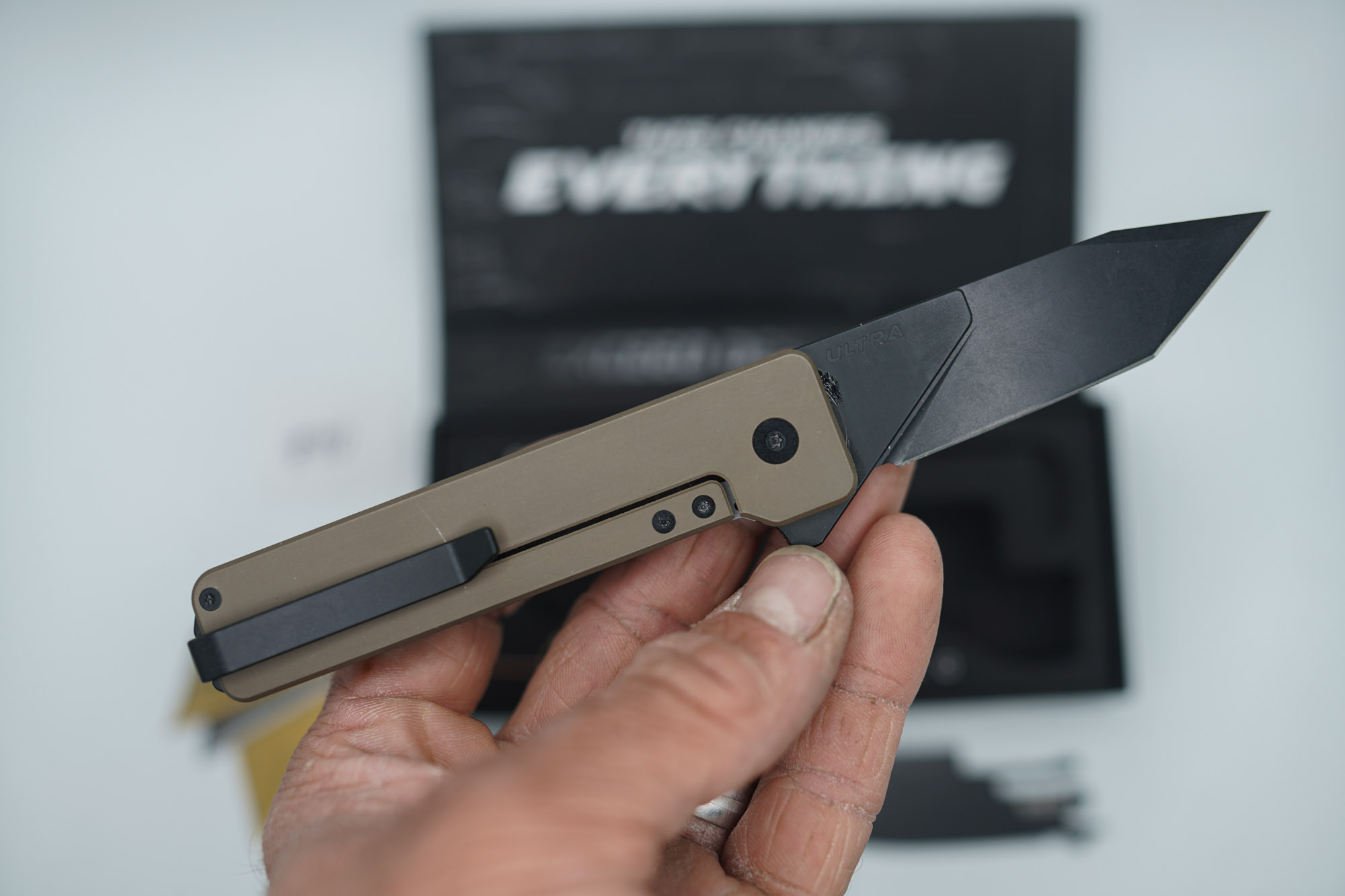 BUILD #90 — Condition 9/10 — TiRant ULTRA Smooth Centurion Bronze + W/Jet-Black PVD Contrast Hardware + Original Box W/Jet-Black Hardware Kit / Lock Bar insert + D2 Jet-Black Drop Point Hotswap Blade + D2 Jet-Black Tanto Hotswap Blade + 3X Custom Laser Engraved Razor Blades - Image 2