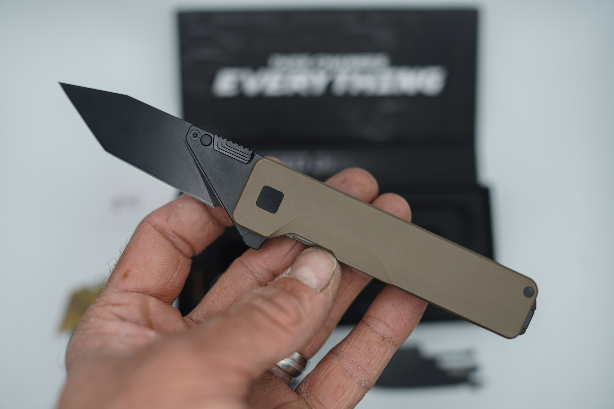 BUILD #90 — Condition 9/10 — TiRant ULTRA Smooth Centurion Bronze + W/Jet-Black PVD Contrast Hardware + Original Box W/Jet-Black Hardware Kit / Lock Bar insert + D2 Jet-Black Drop Point Hotswap Blade + D2 Jet-Black Tanto Hotswap Blade + 3X Custom Laser Engraved Razor Blades - Image 3