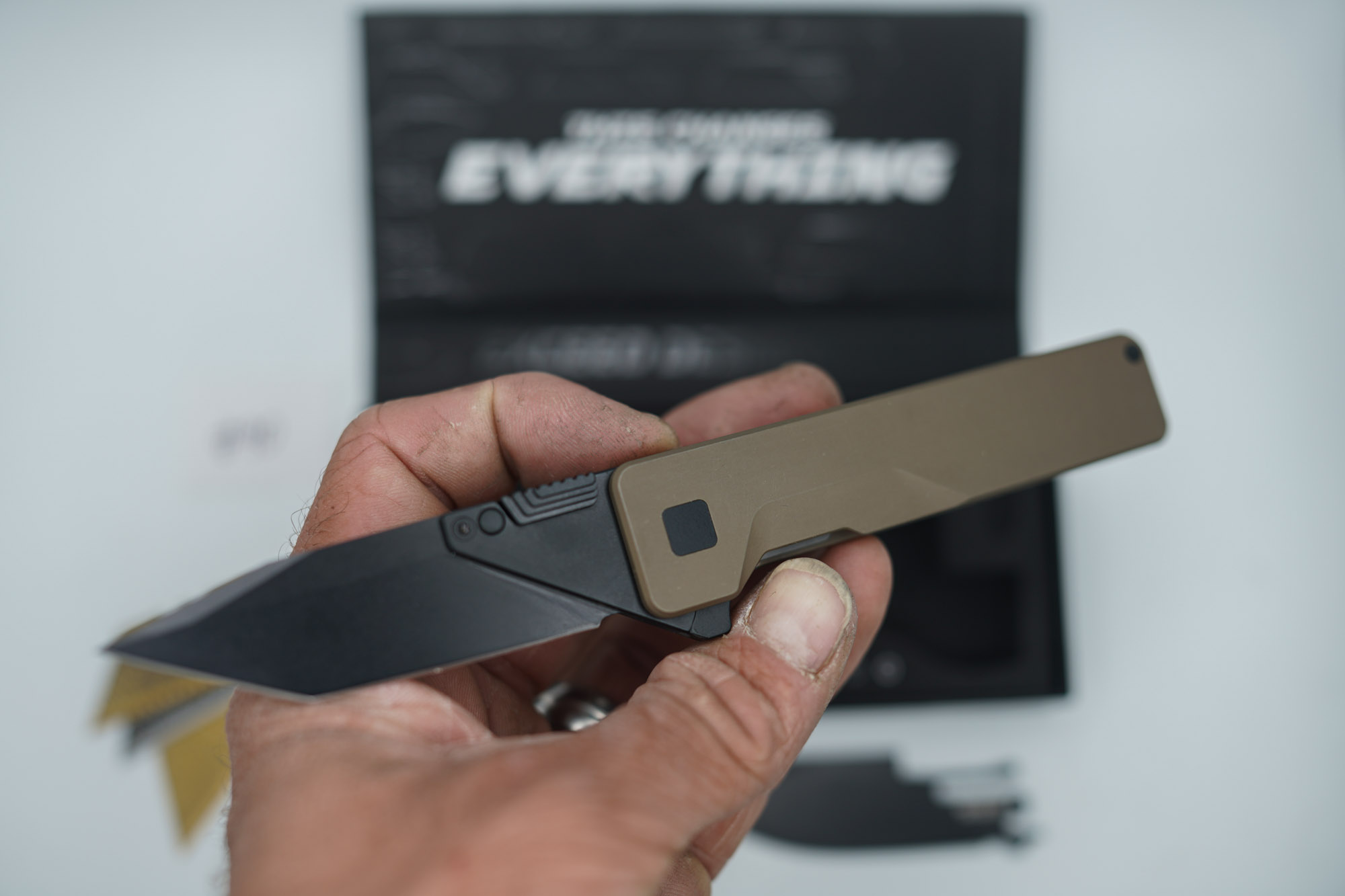 BUILD #90 — Condition 9/10 — TiRant ULTRA Smooth Centurion Bronze + W/Jet-Black PVD Contrast Hardware + Original Box W/Jet-Black Hardware Kit / Lock Bar insert + D2 Jet-Black Drop Point Hotswap Blade + D2 Jet-Black Tanto Hotswap Blade + 3X Custom Laser Engraved Razor Blades - Image 4