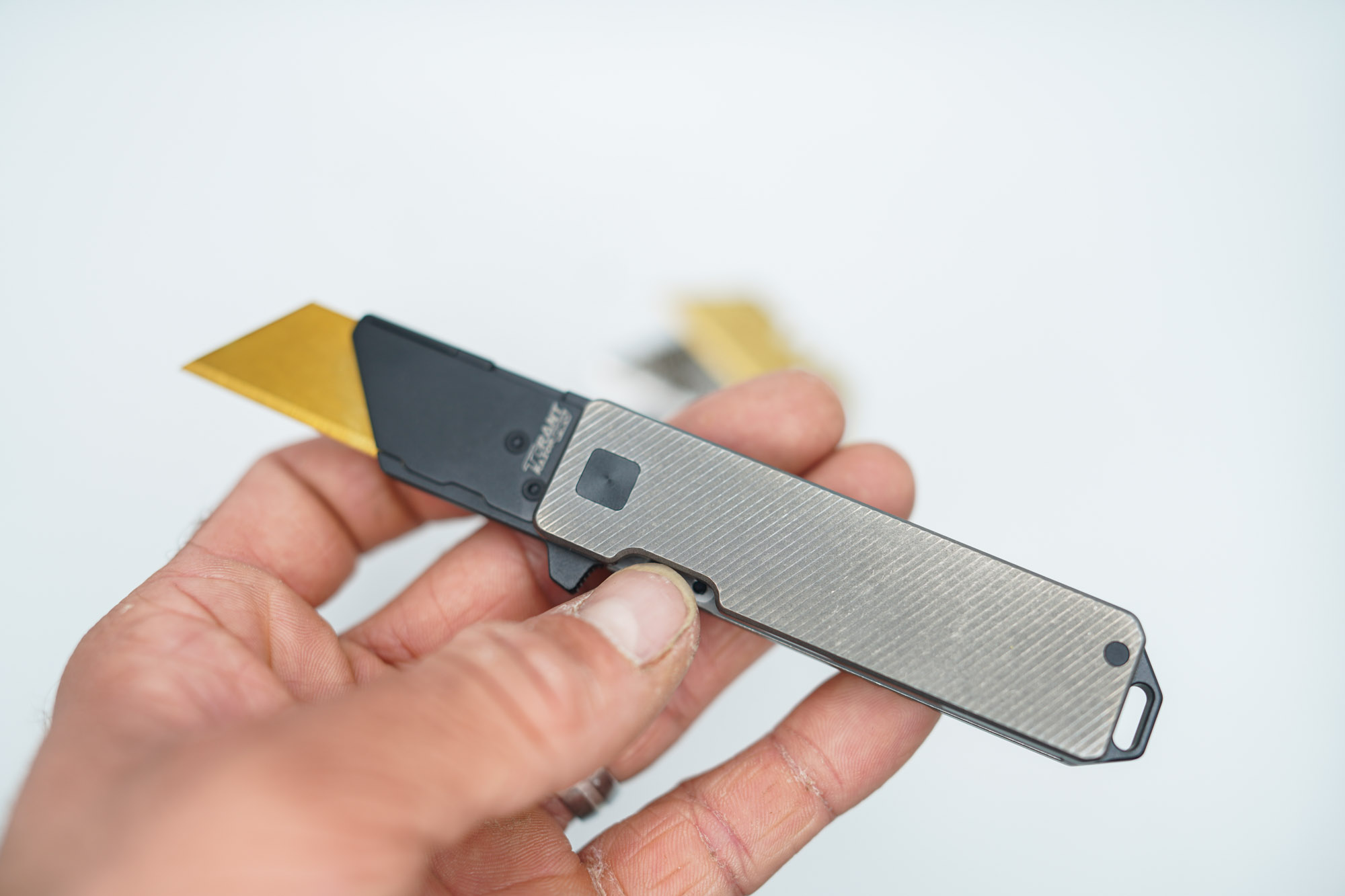 BUILD #152 — Condition 10/10 — TiRant RAZOR V3 Stonewashed Titanium + Jet-Black PVD + USA-Milled 'Micro-Slash' RH Handle + 38MM Mini Clip + 3X Custom Laser Engraved Razor Blades From The ToolRoom - Image 3