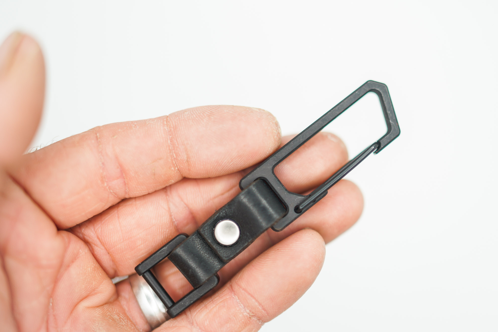 BUILD #199 (20 Quantity Available With 7-Day Lead Time) Condition 10/10 — TiRant Latch Titanium Carabiner W/Custom Key Holder Prototype - Jet-Black PVD Ti + Black Leather + Silver Rivets - Image 3