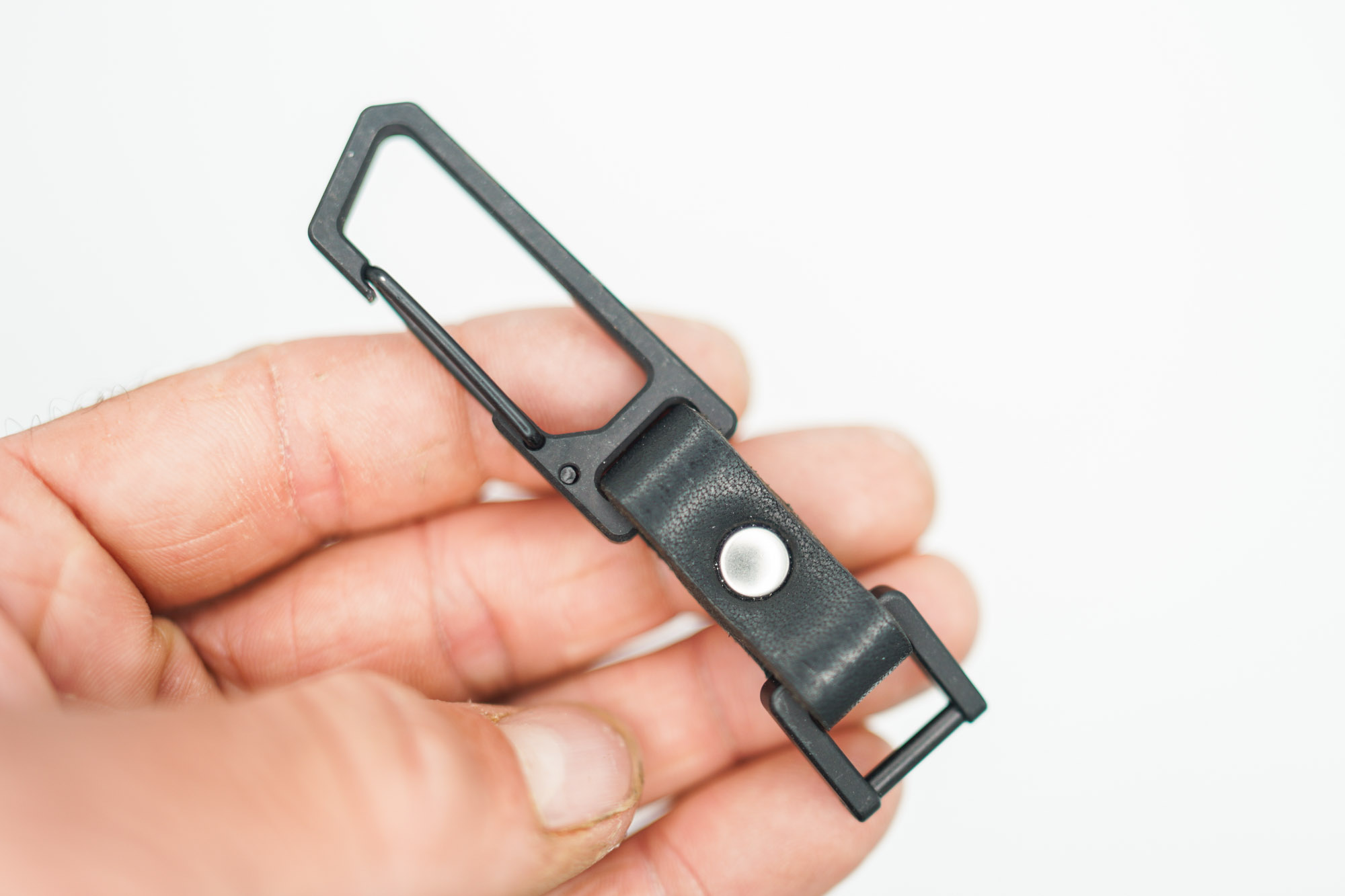 BUILD #199 (20 Quantity Available With 7-Day Lead Time) Condition 10/10 — TiRant Latch Titanium Carabiner W/Custom Key Holder Prototype - Jet-Black PVD Ti + Black Leather + Silver Rivets - Image 4